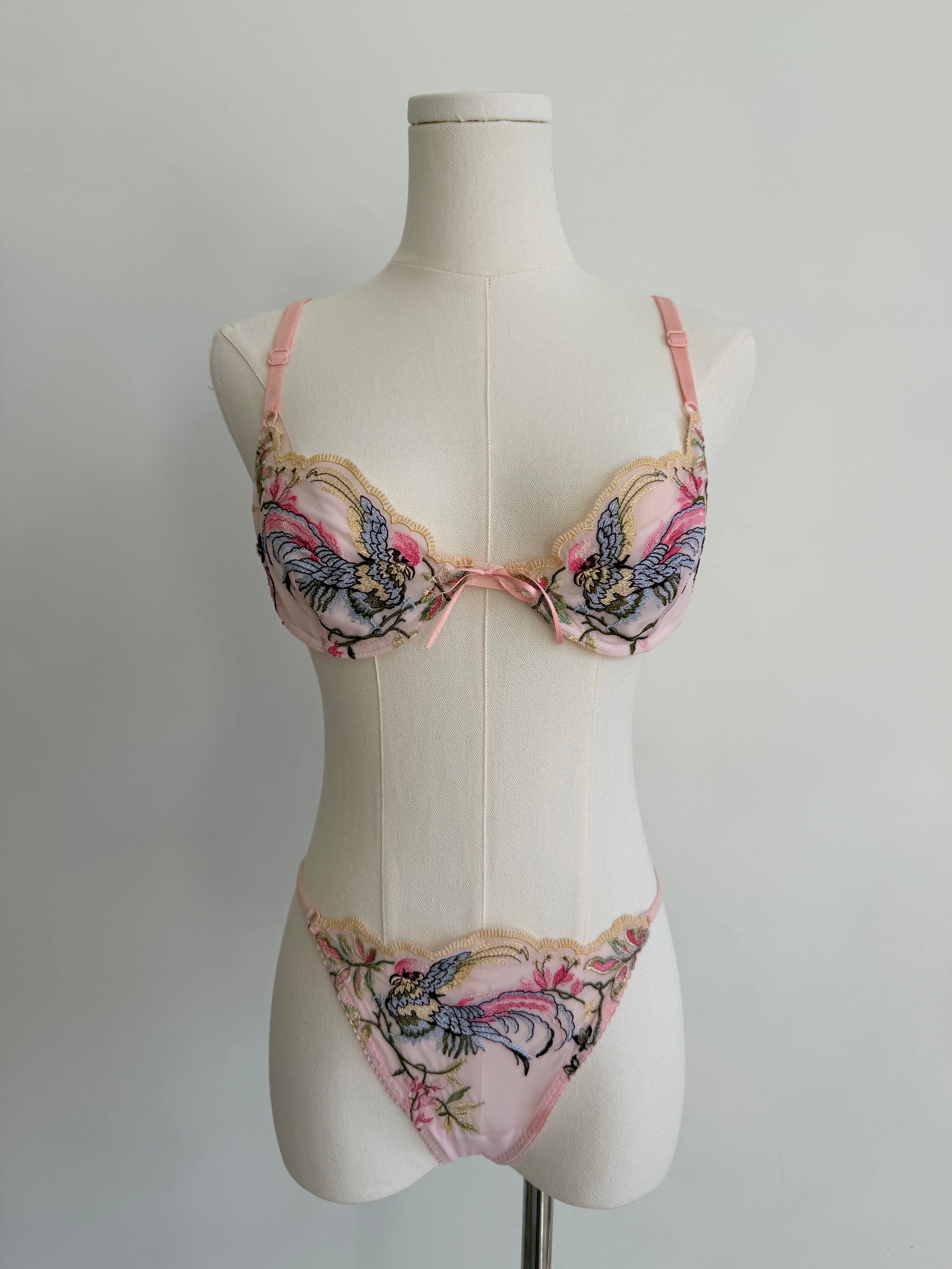 Pink Bird & Floral Embroidered 3-Piece Lingerie Set