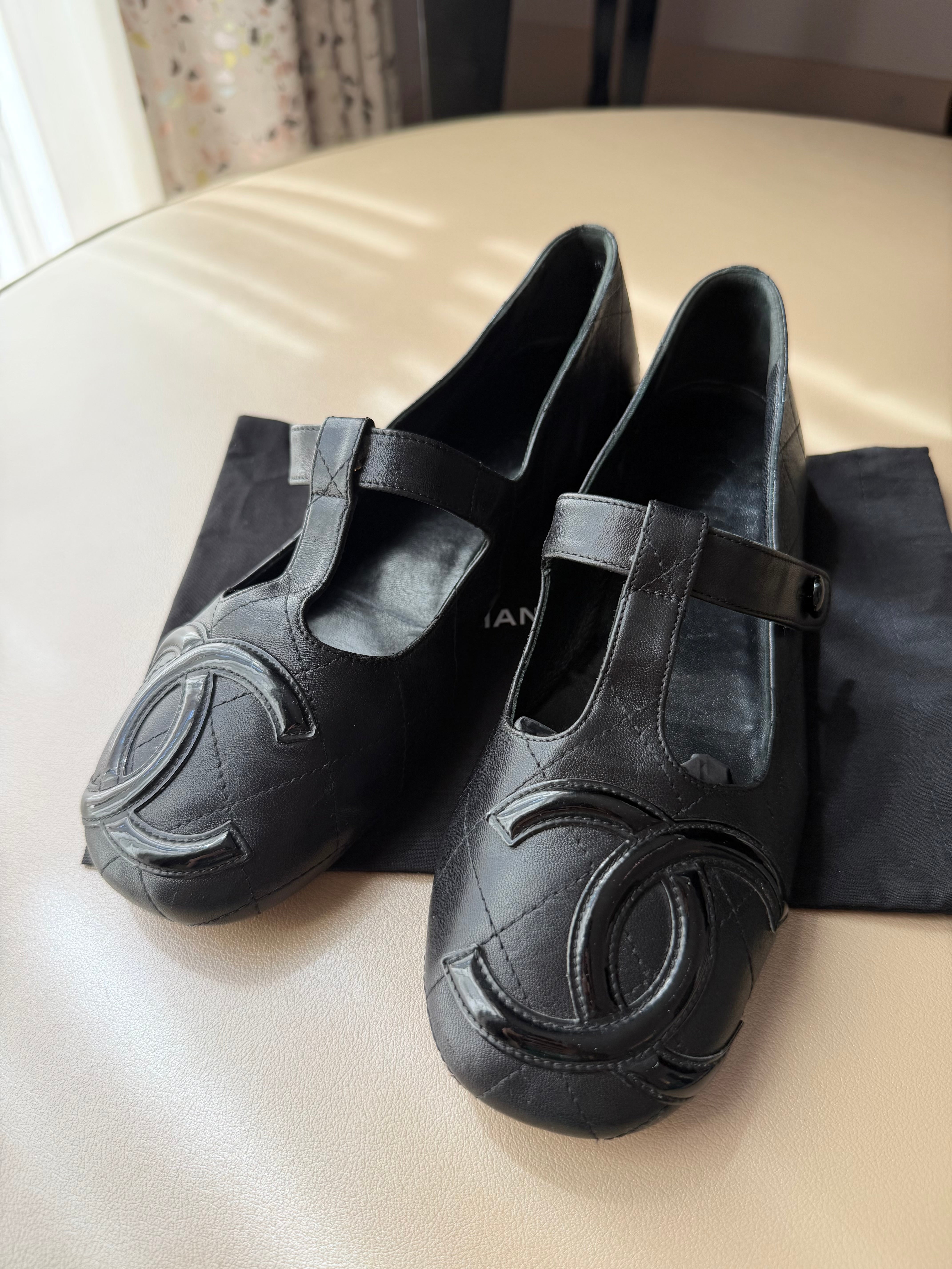 Chanel Cambon Black Leather Mary Jane Quilted Flats