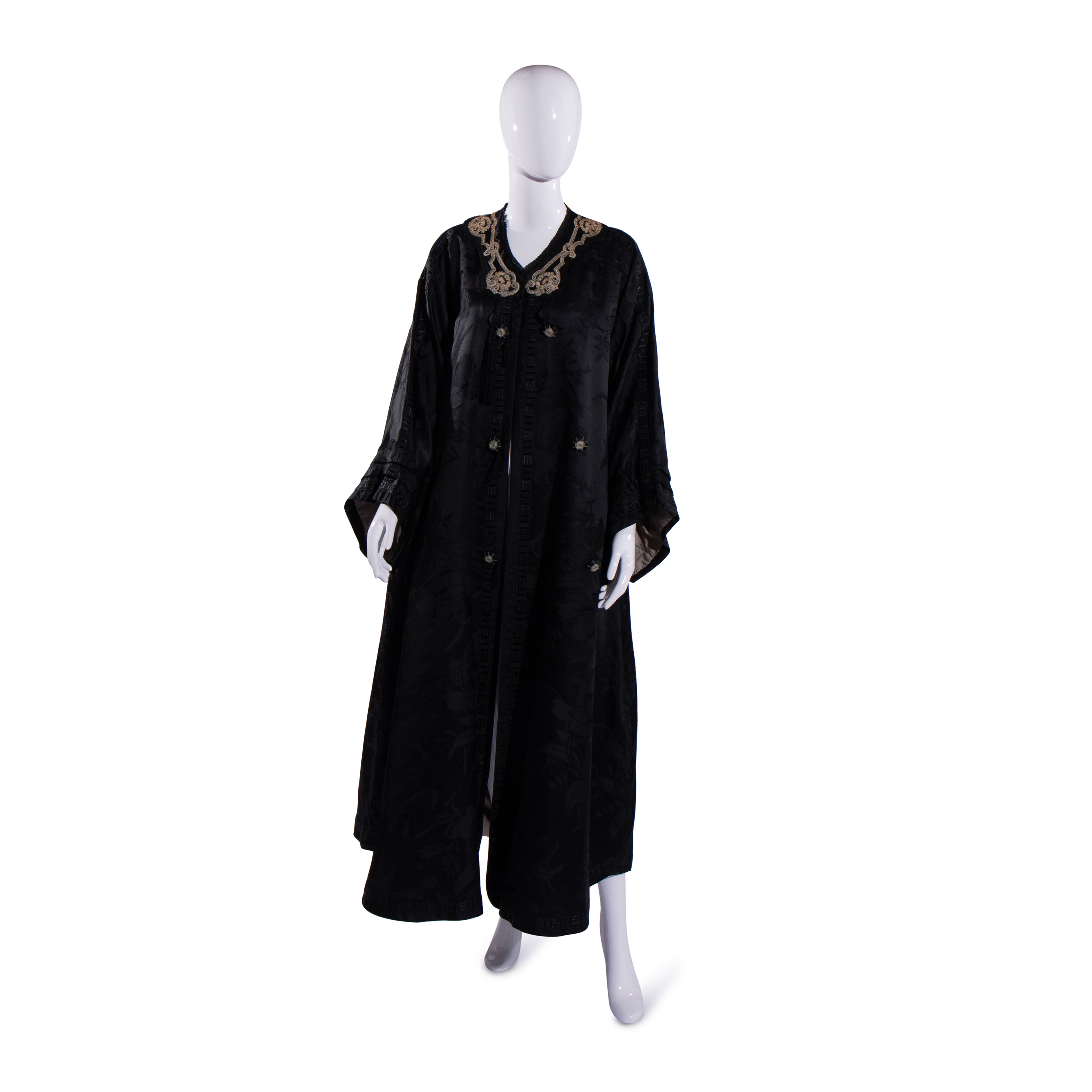 Embroidered Edwardian Black Silk Brocade Robe