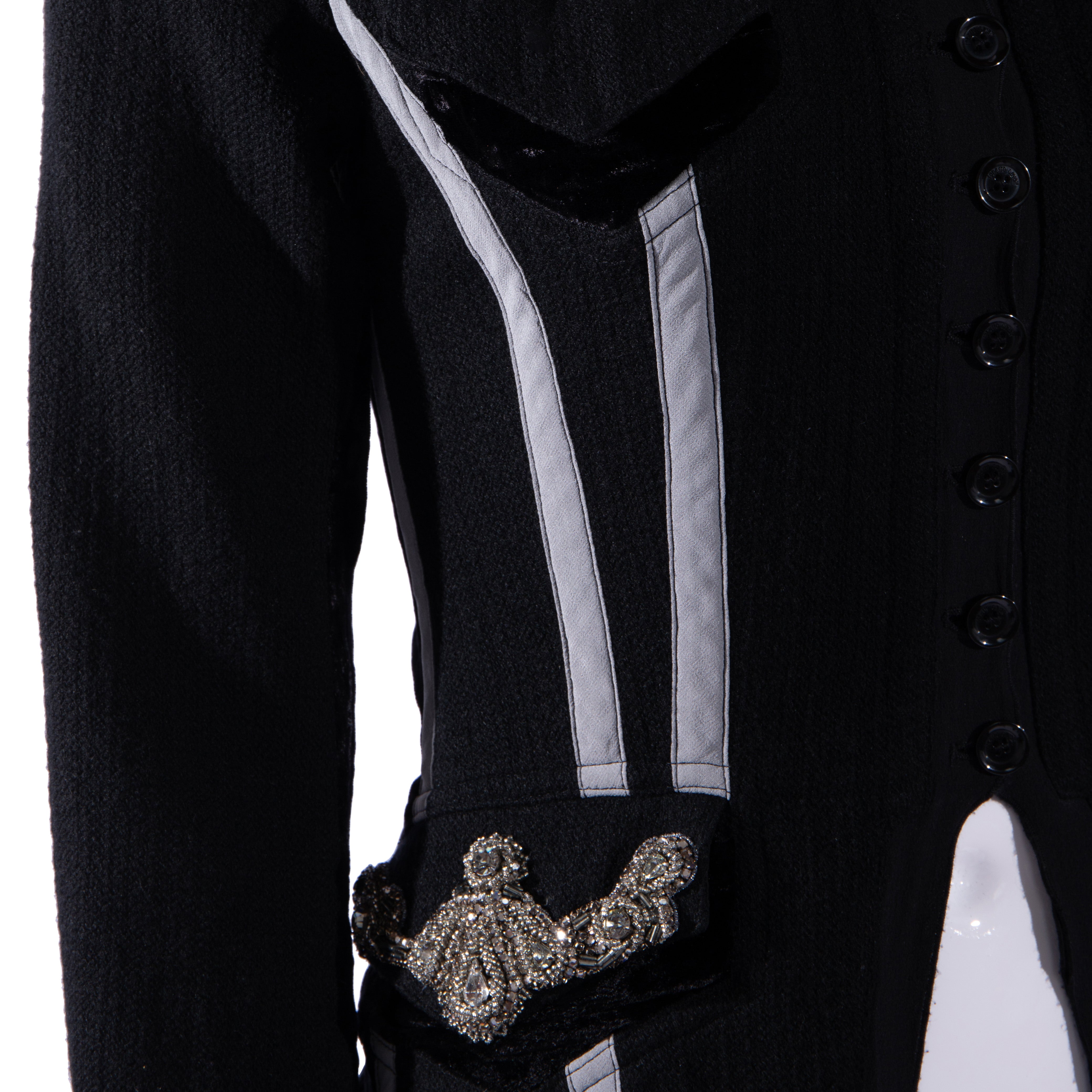 Black Wool Jacket with Grey Stripes & Crystal Pocket Accents
