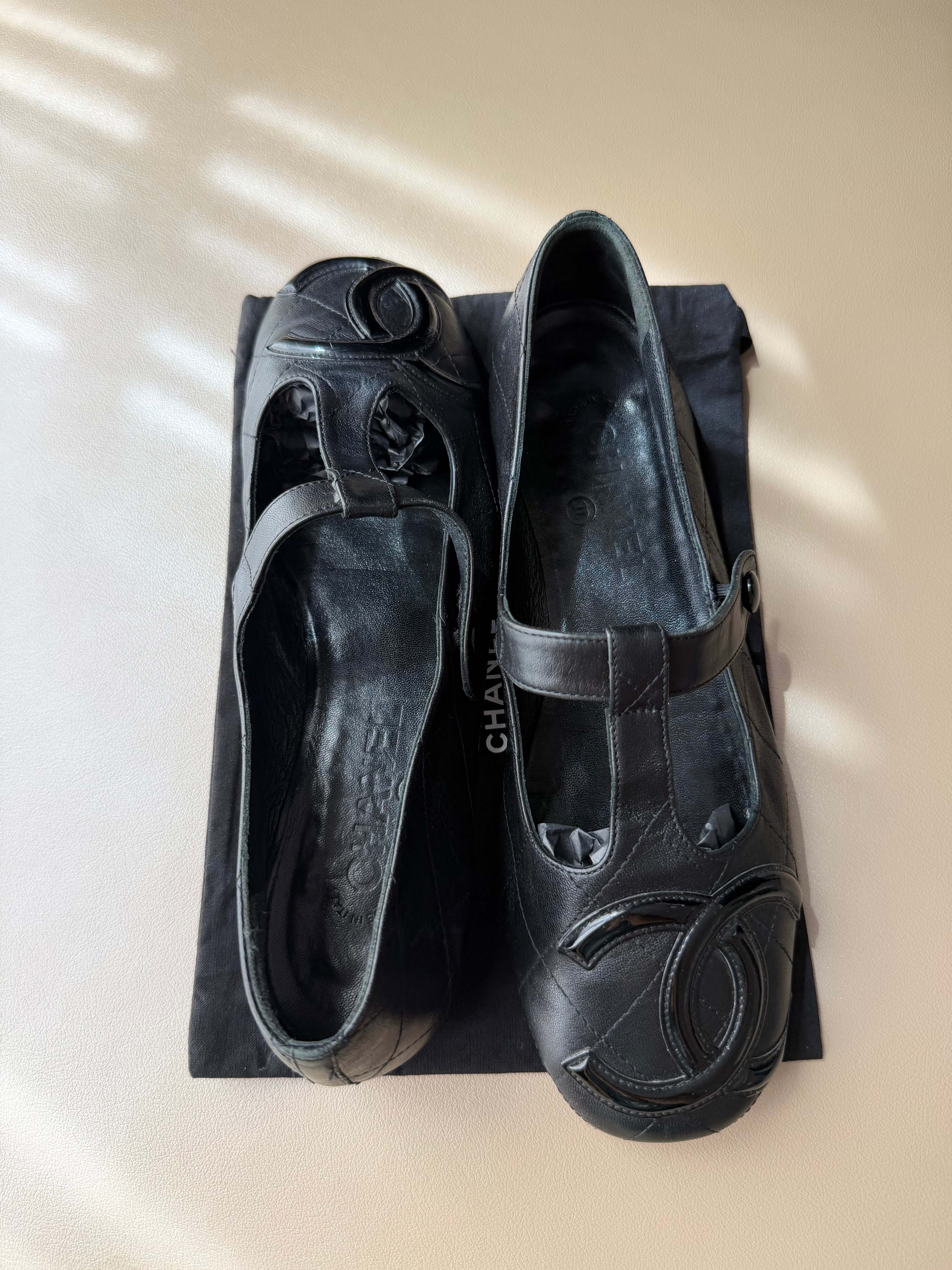 Chanel Cambon Black Leather Mary Jane Quilted Flats