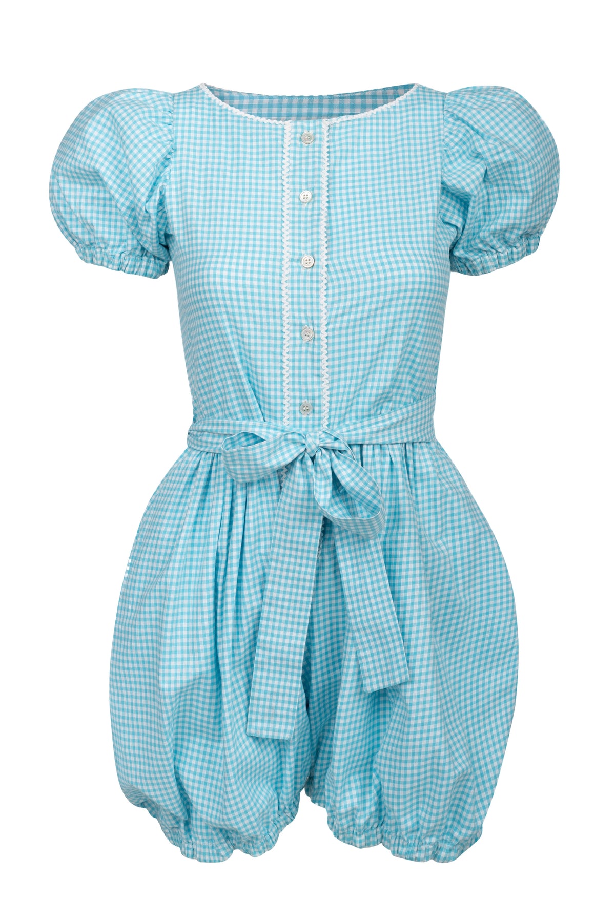1980s Turquoise Gingham Puff-Sleeve Romper