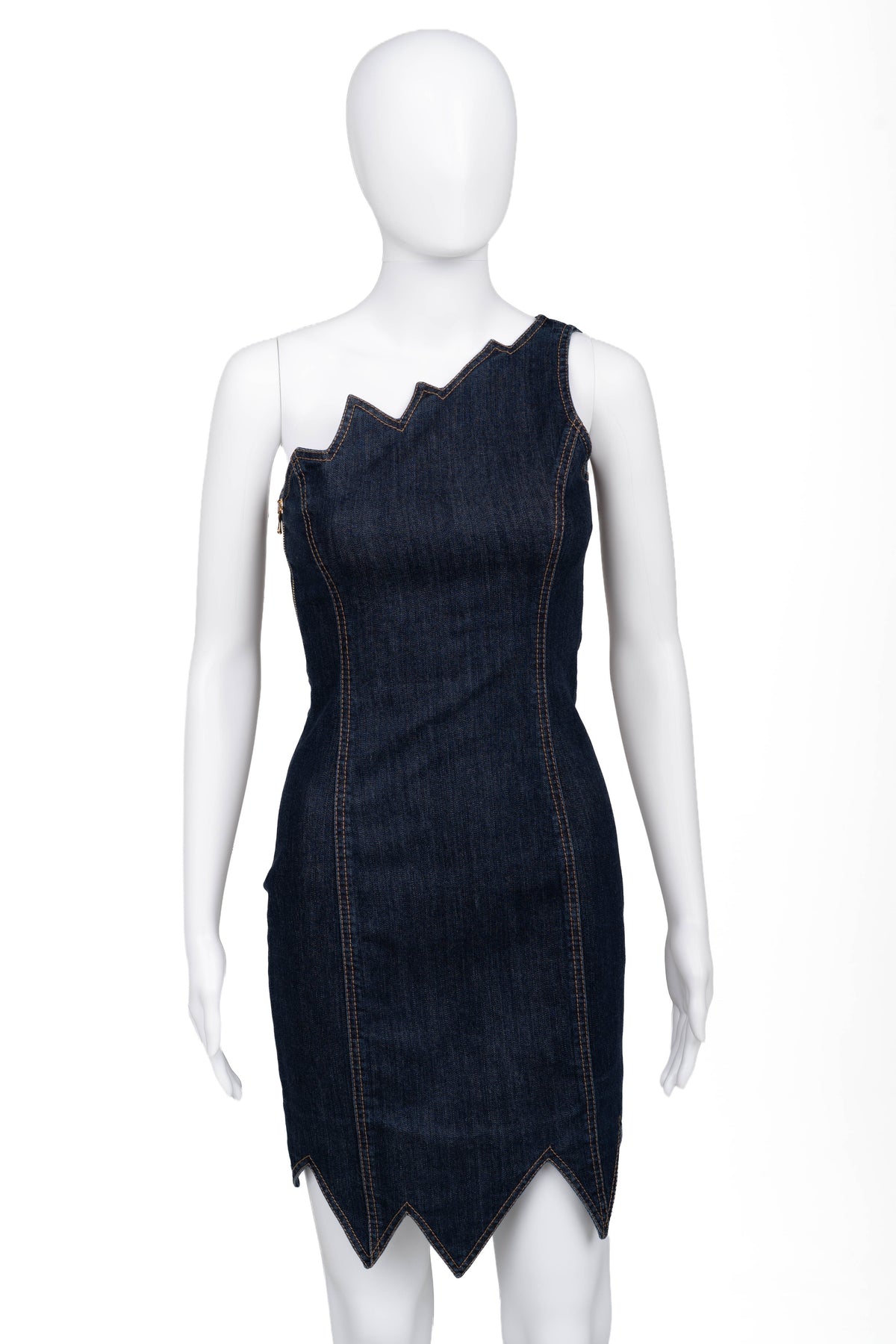 1990s One Shoulder Zig Zag Denim Dress