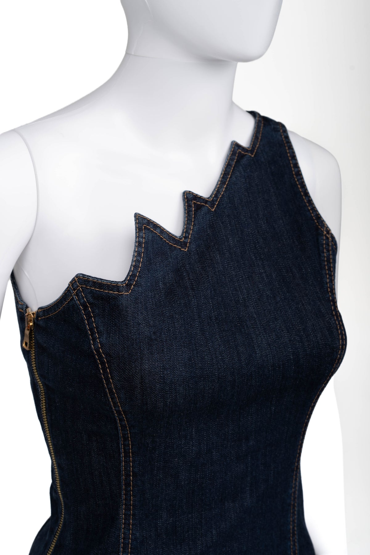 1990s One Shoulder Zig Zag Denim Dress