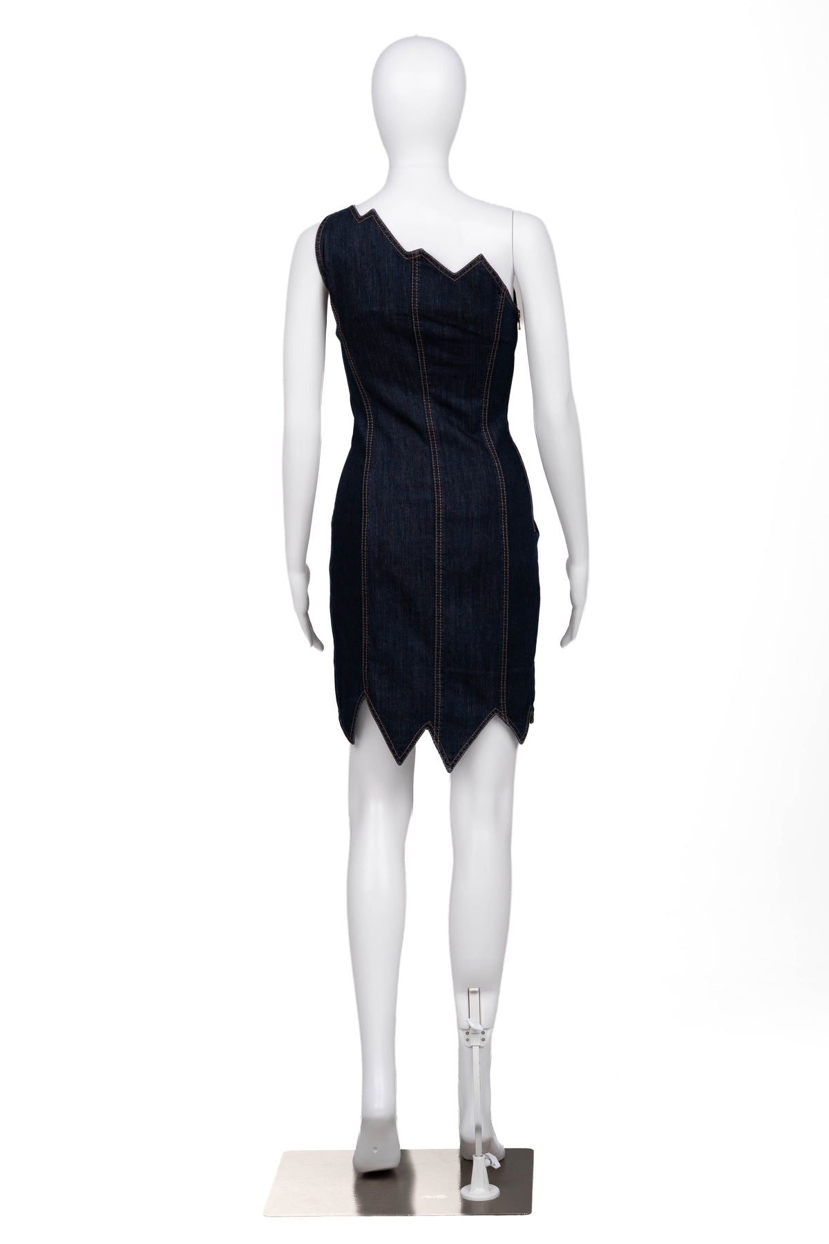 1990s One Shoulder Zig Zag Denim Dress