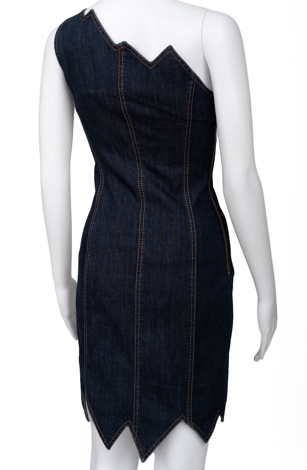 1990s One Shoulder Zig Zag Denim Dress
