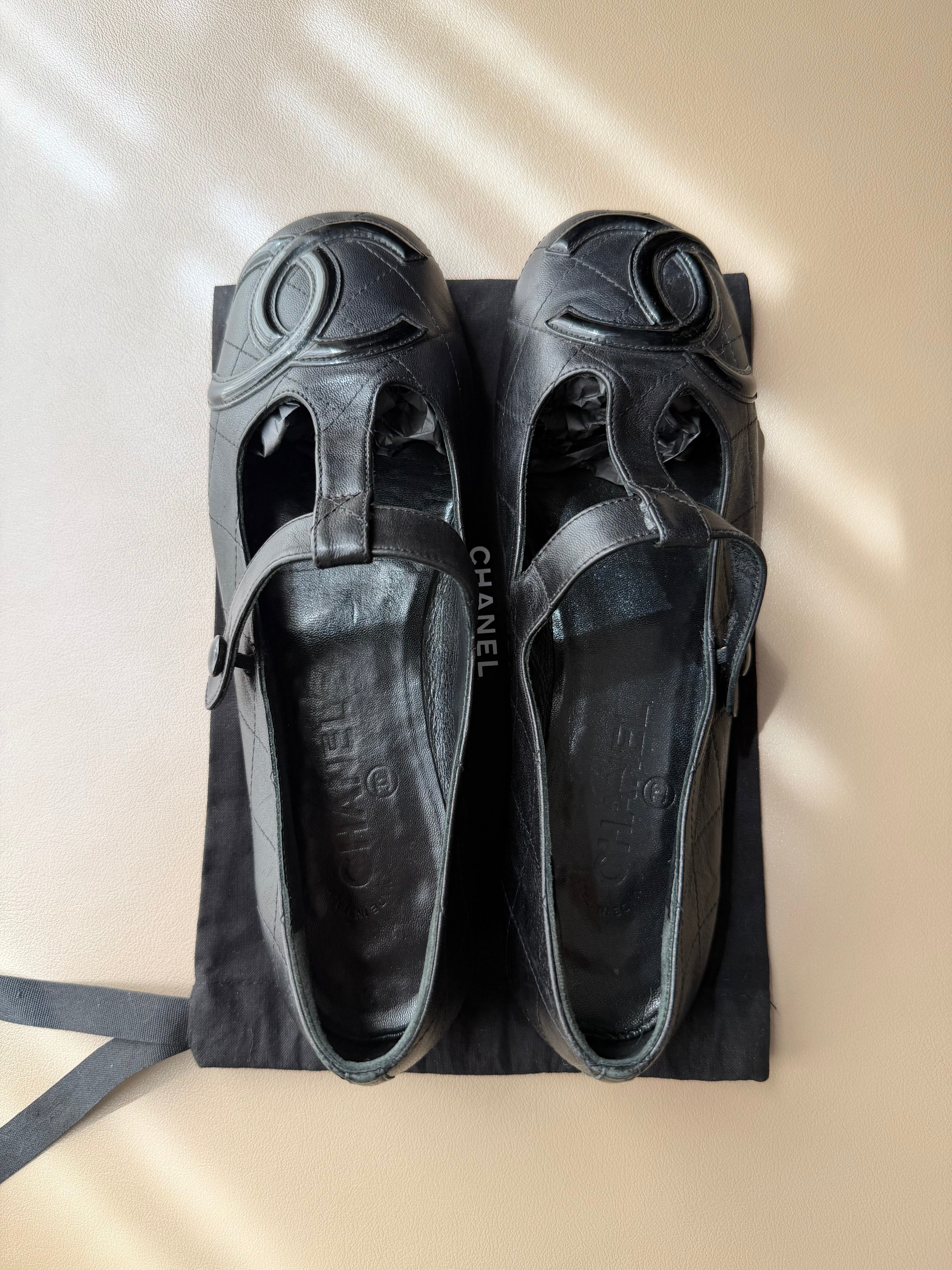 Chanel Cambon Black Leather Mary Jane Quilted Flats