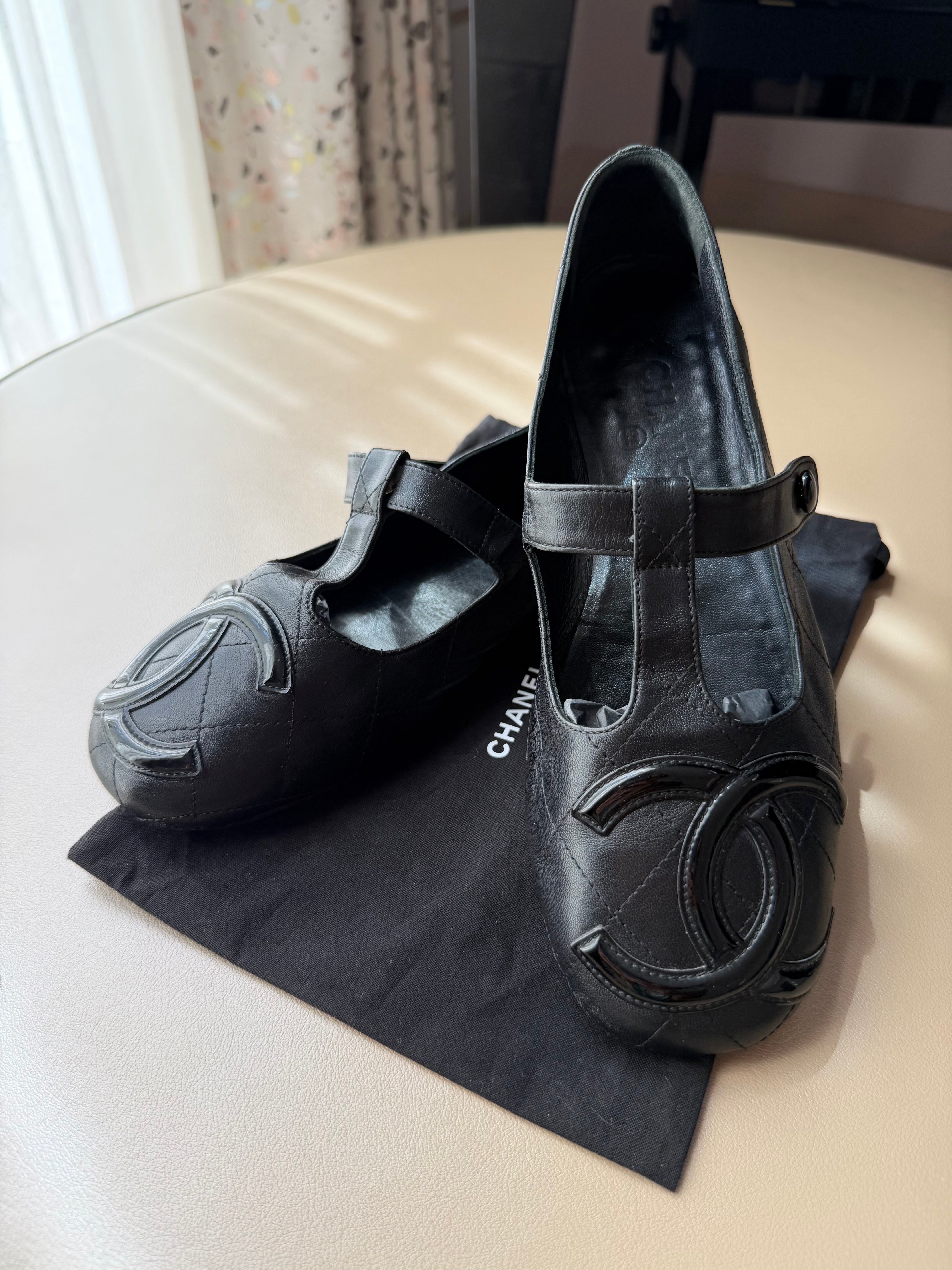 Chanel Cambon Black Leather Mary Jane Quilted Flats