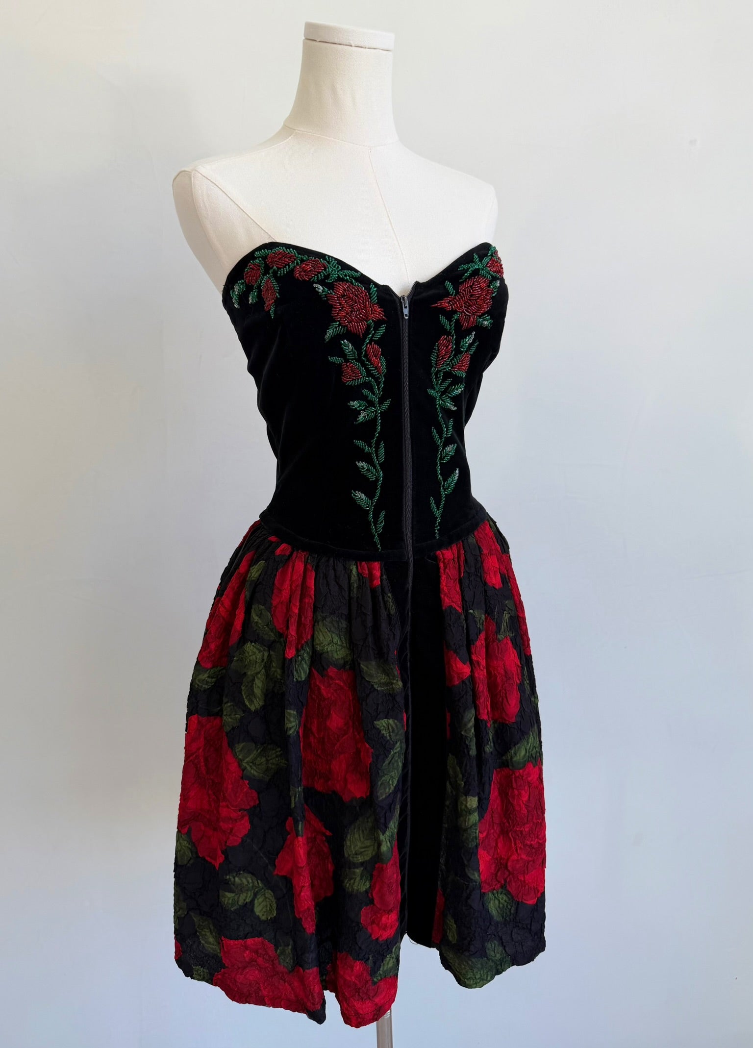 F/W 1991 Black Velvet Rose Strapless Dress