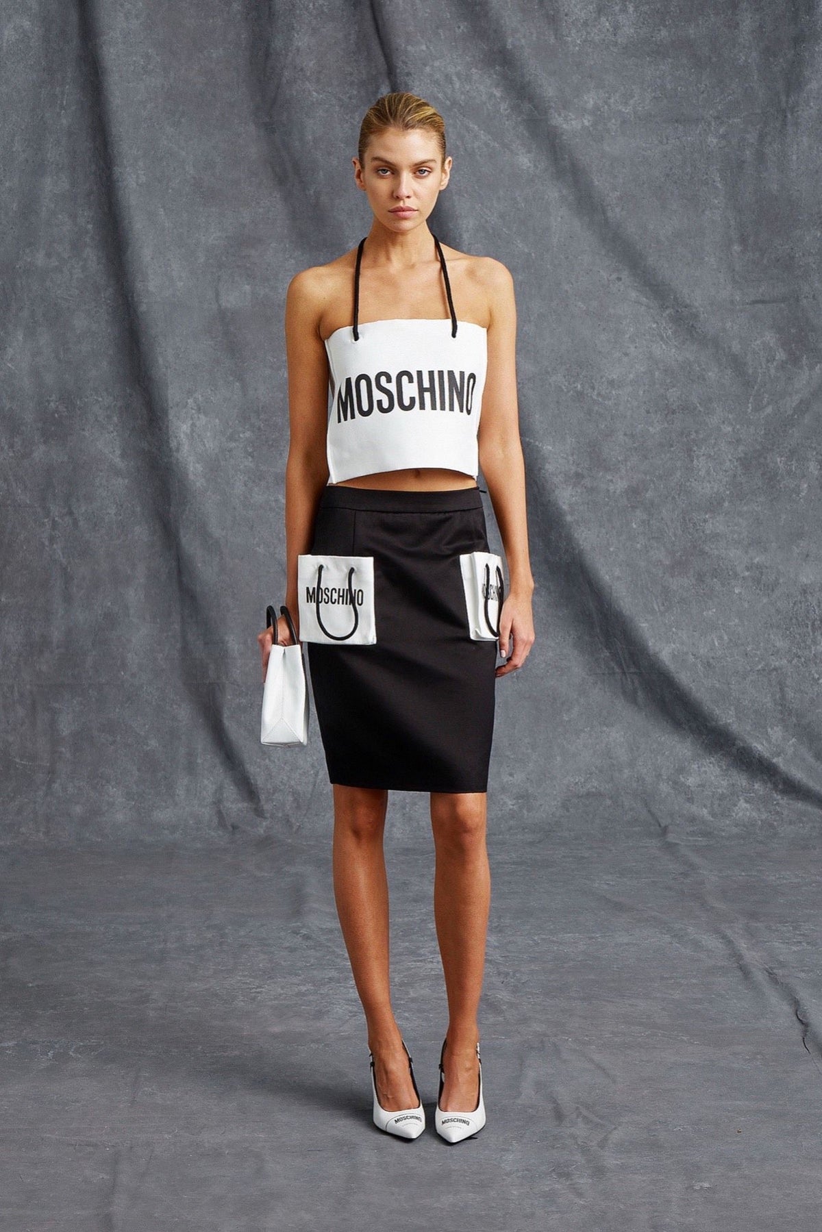 2016 White/Black “Moschino” Shopping Bag Top
