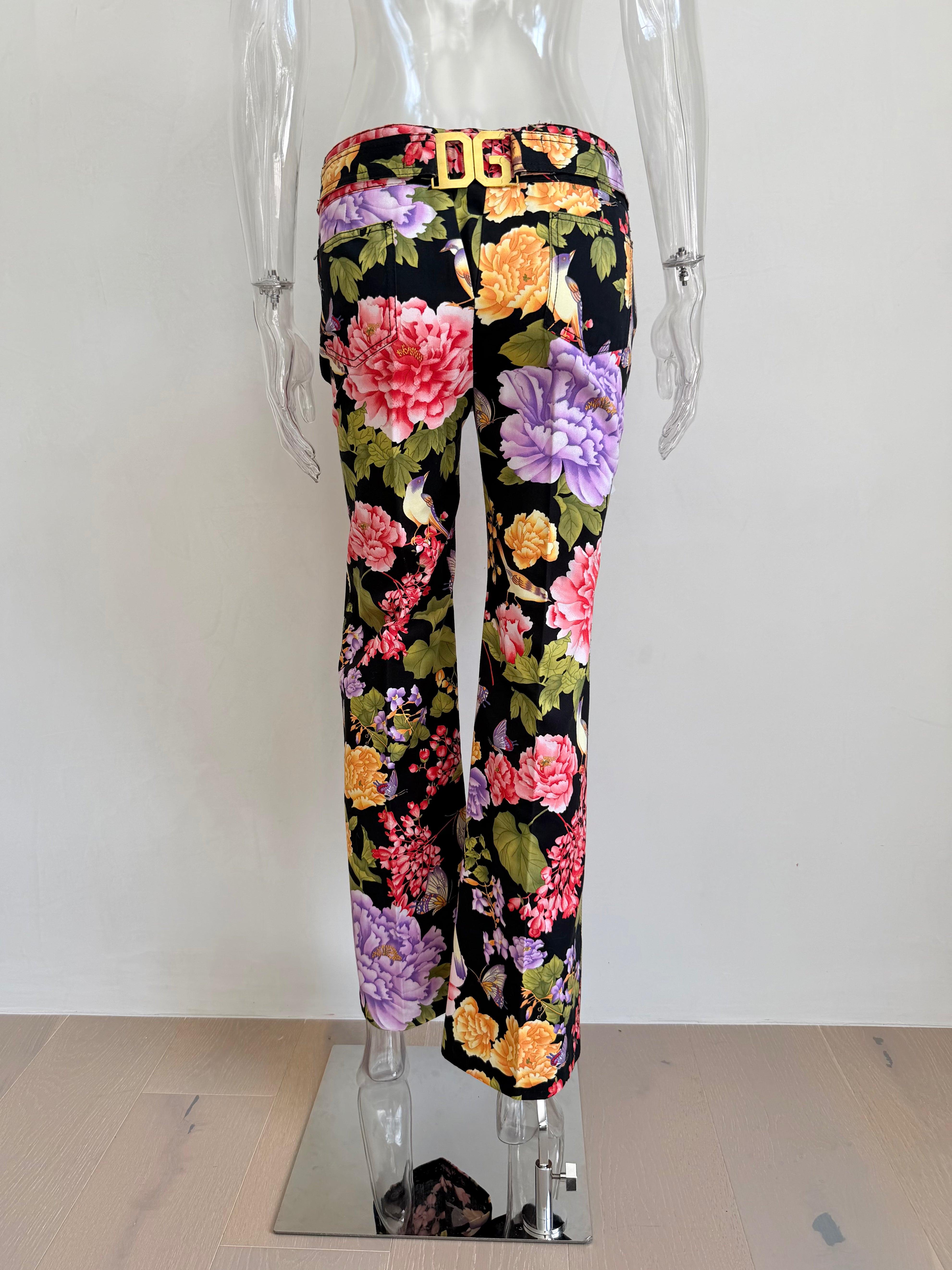 2000s Black Floral Print Logo Plate Pants