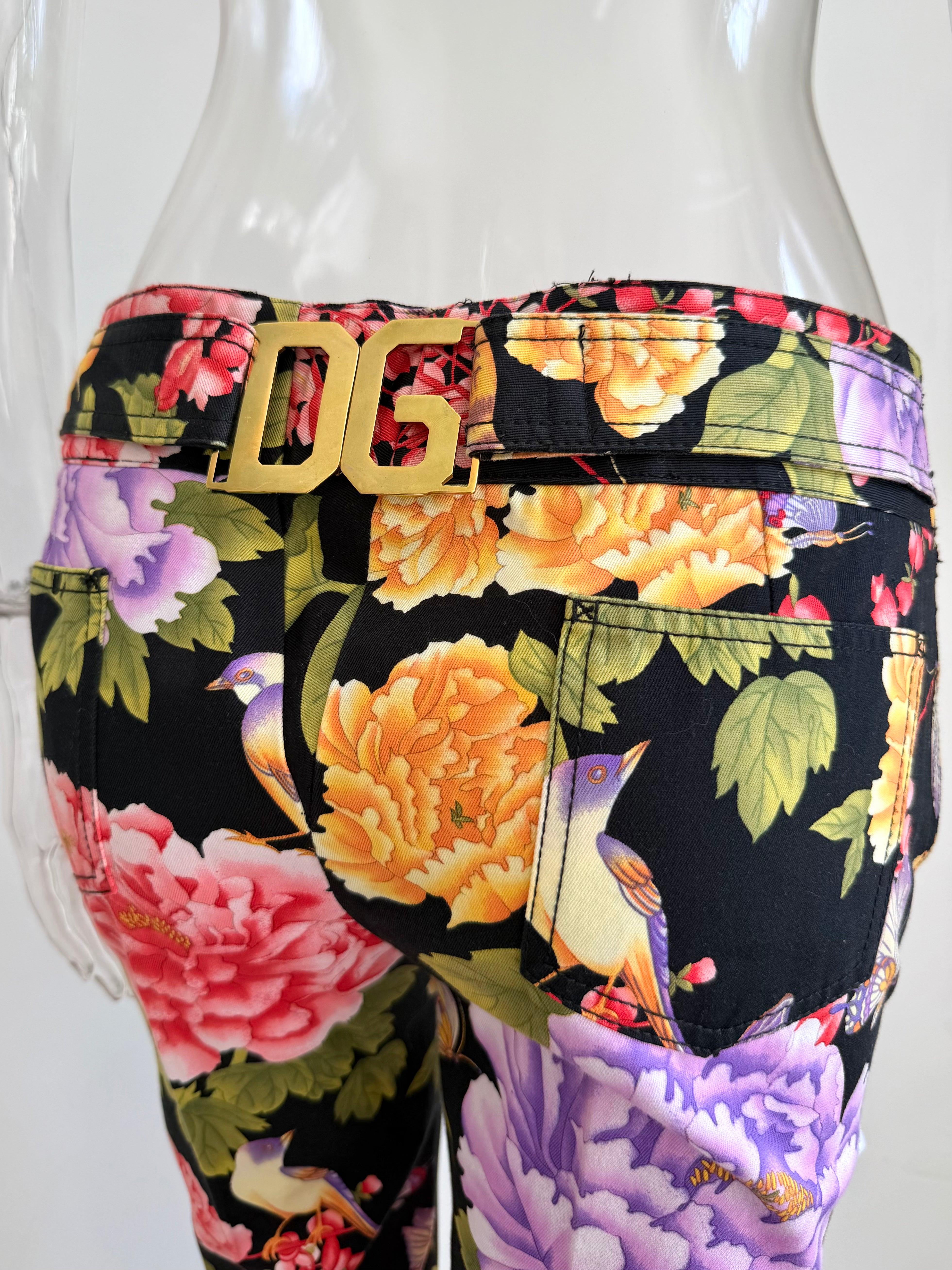 2000s Black Floral Print Logo Plate Pants