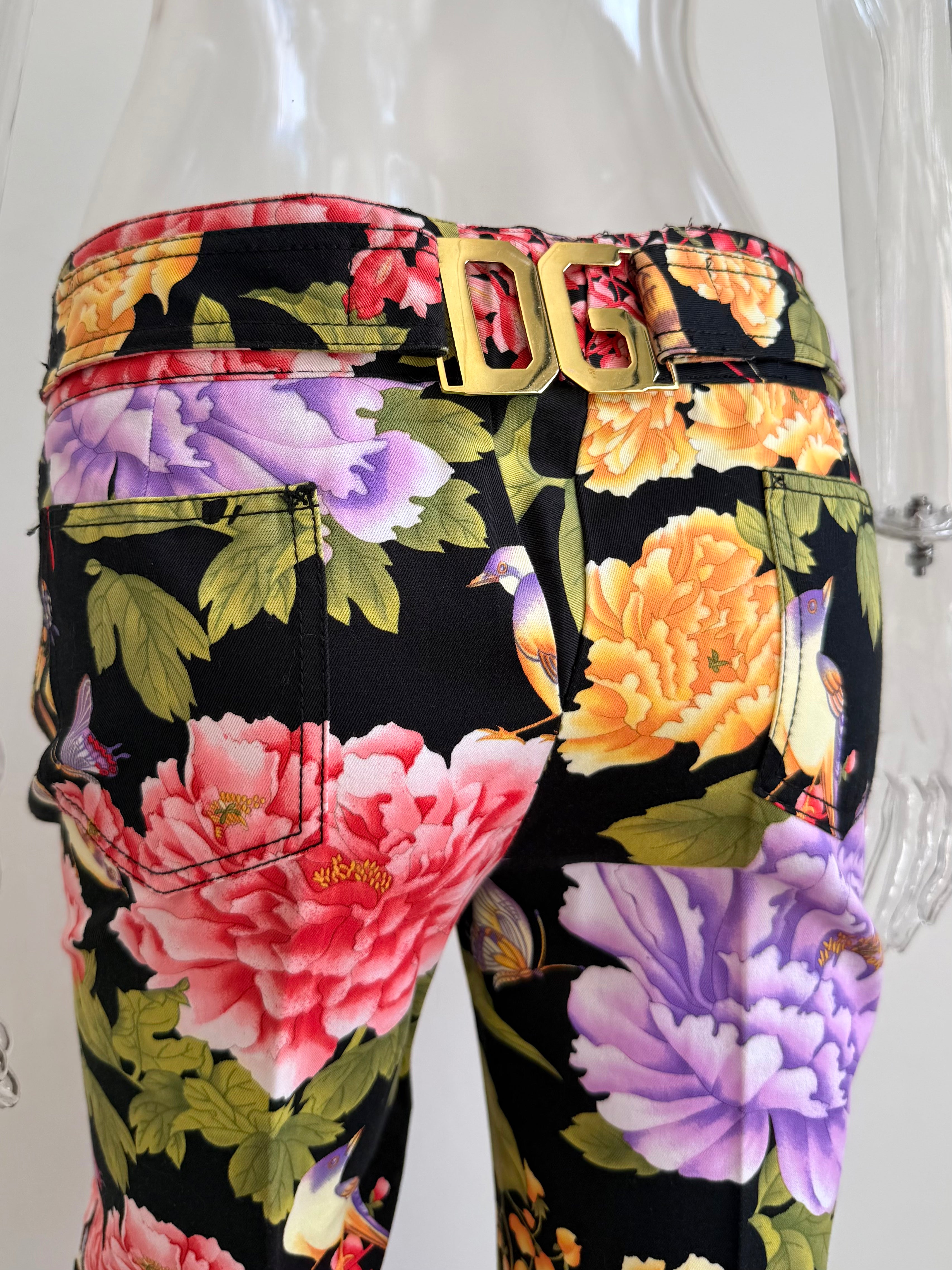 2000s Black Floral Print Logo Plate Pants