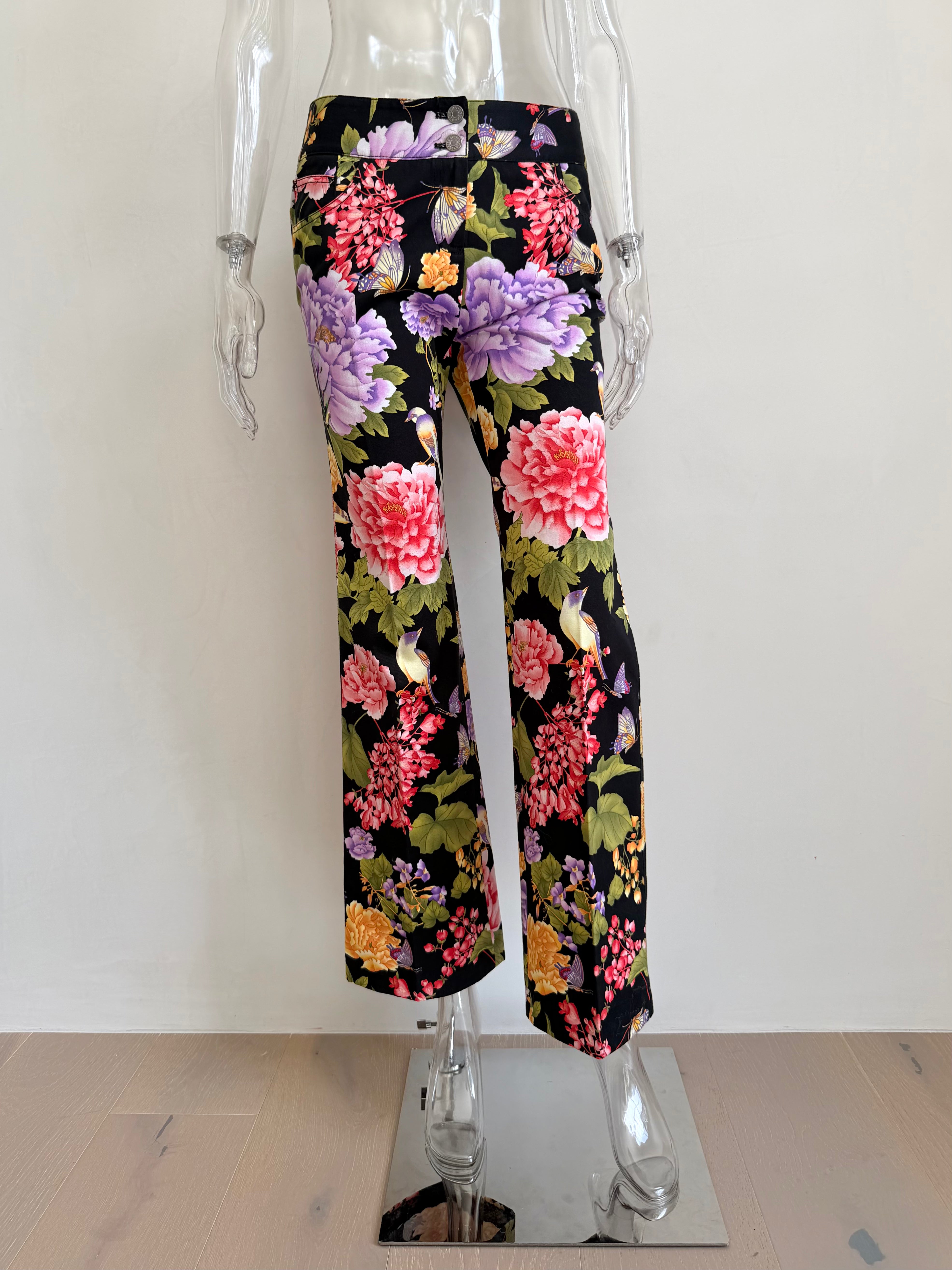 2000s Black Floral Print Logo Plate Pants