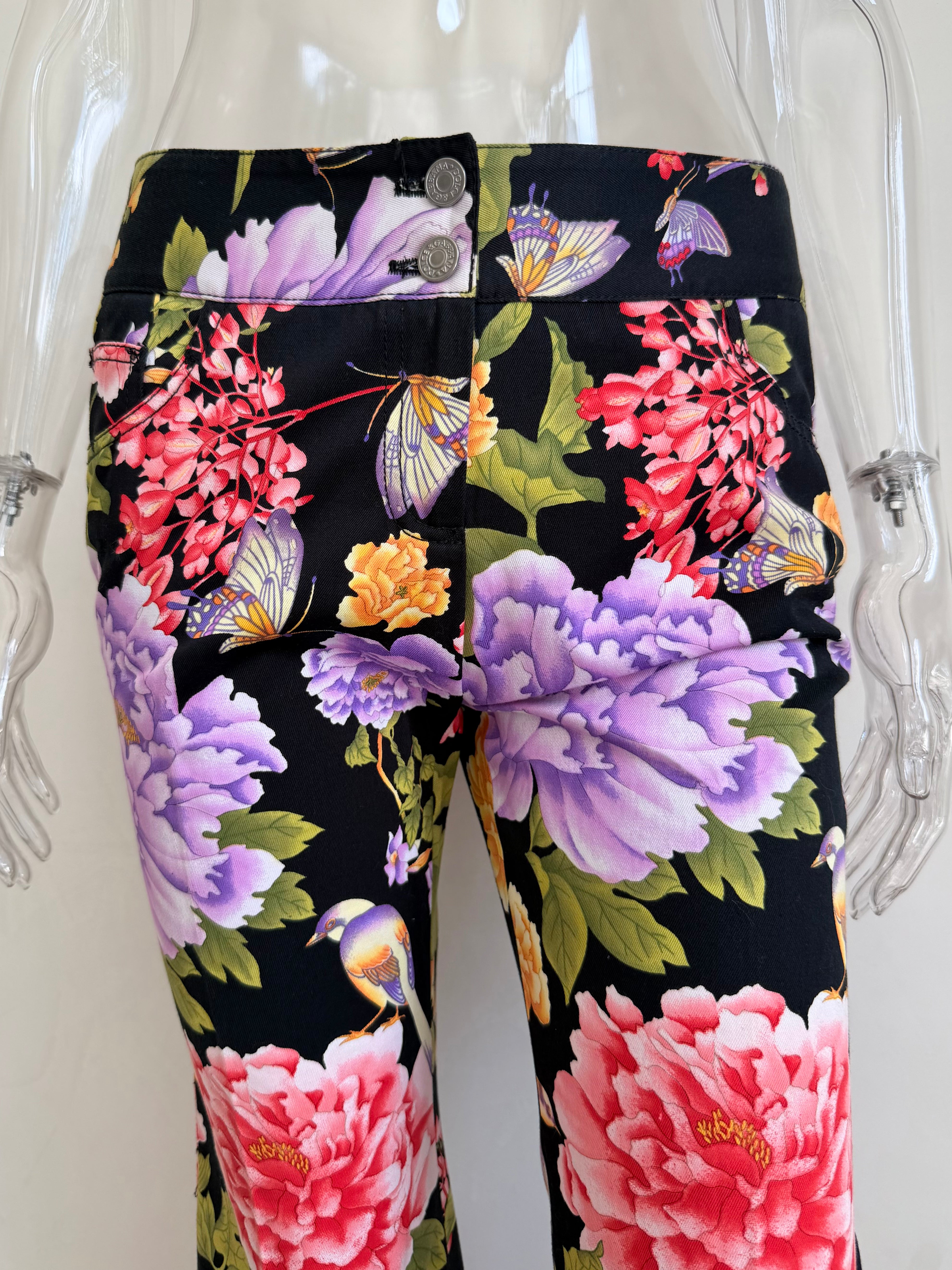 2000s Black Floral Print Logo Plate Pants
