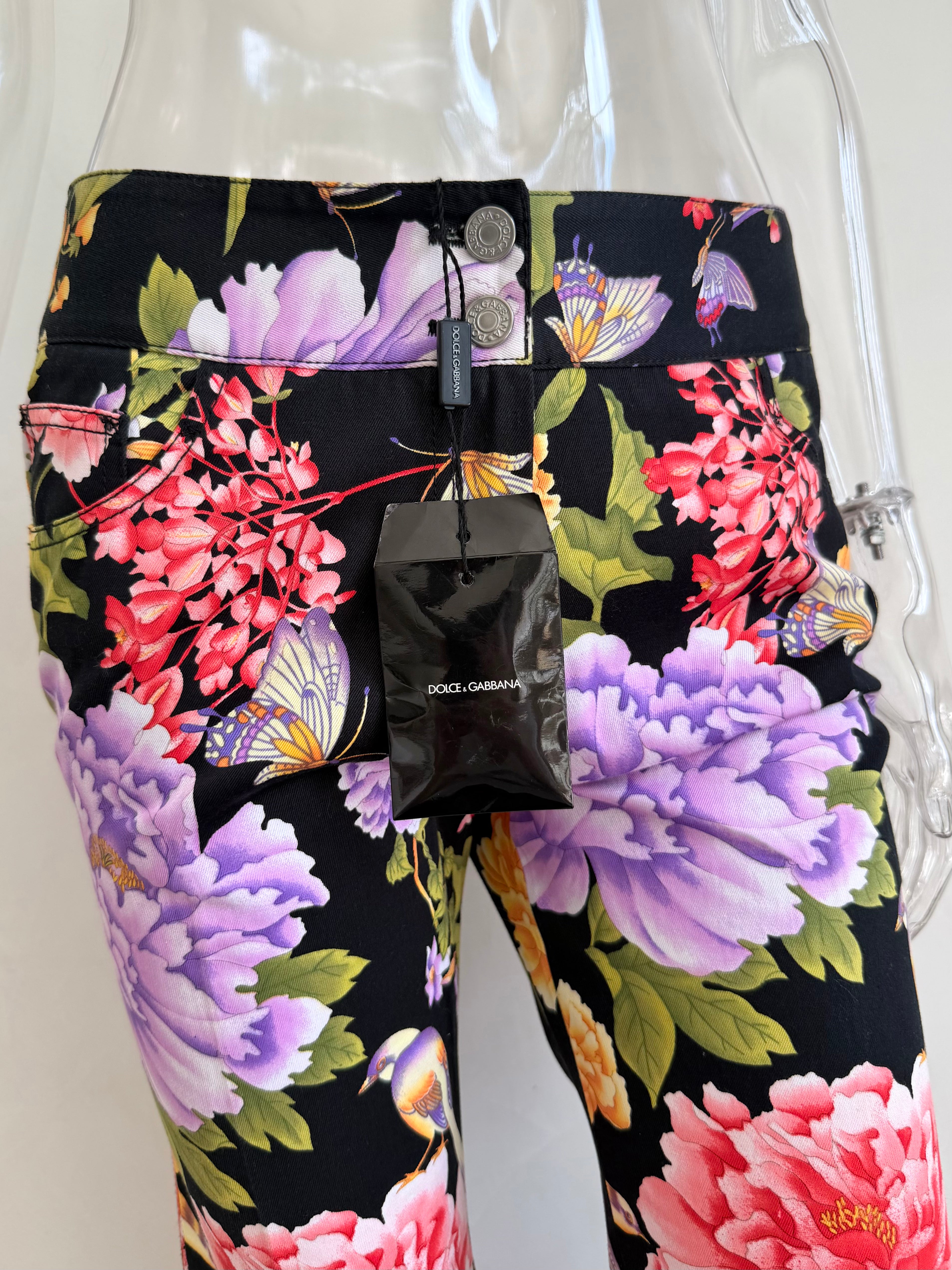 2000s Black Floral Print Logo Plate Pants