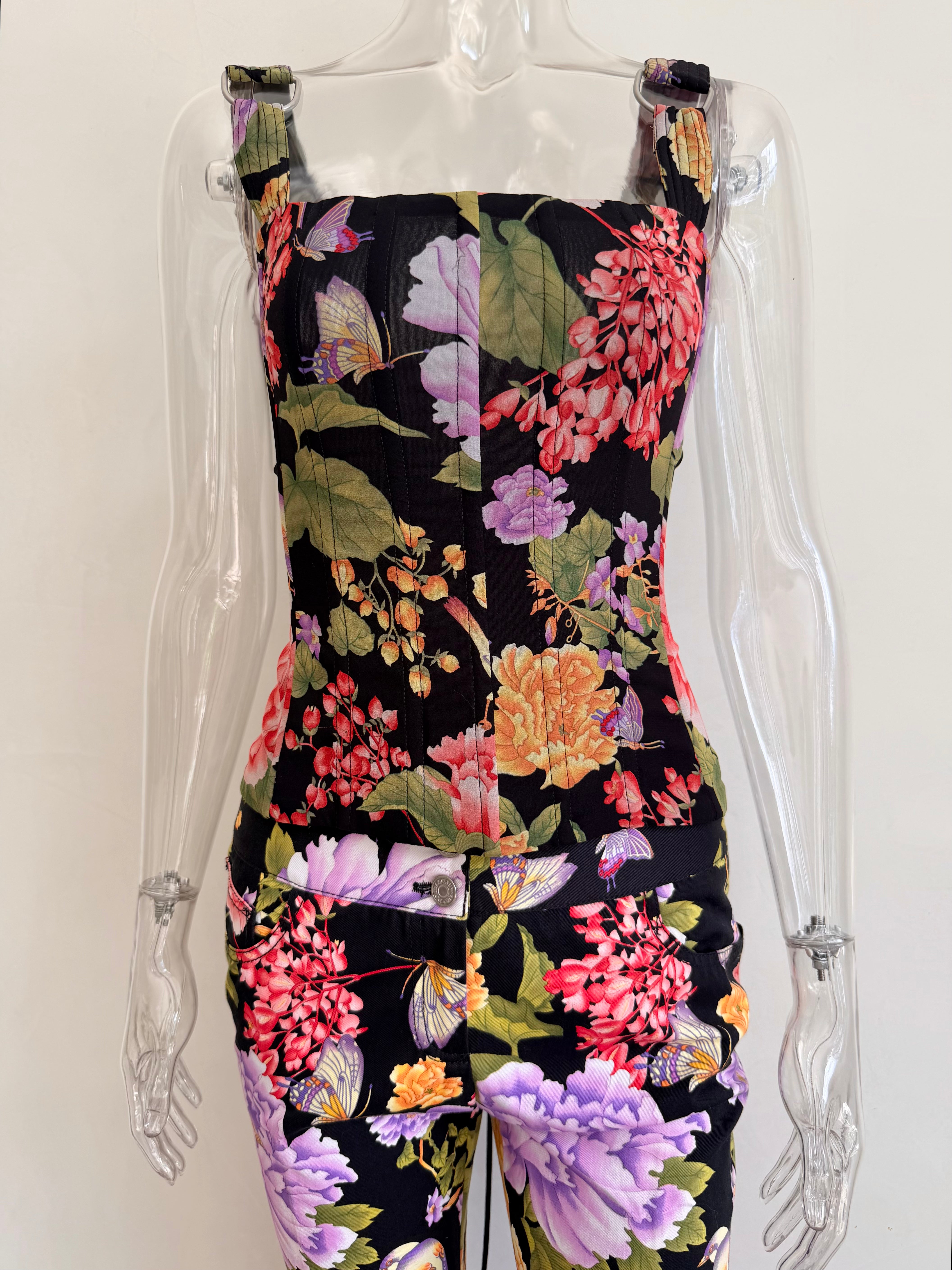 2000s Black Floral Print Lace Up Corset
