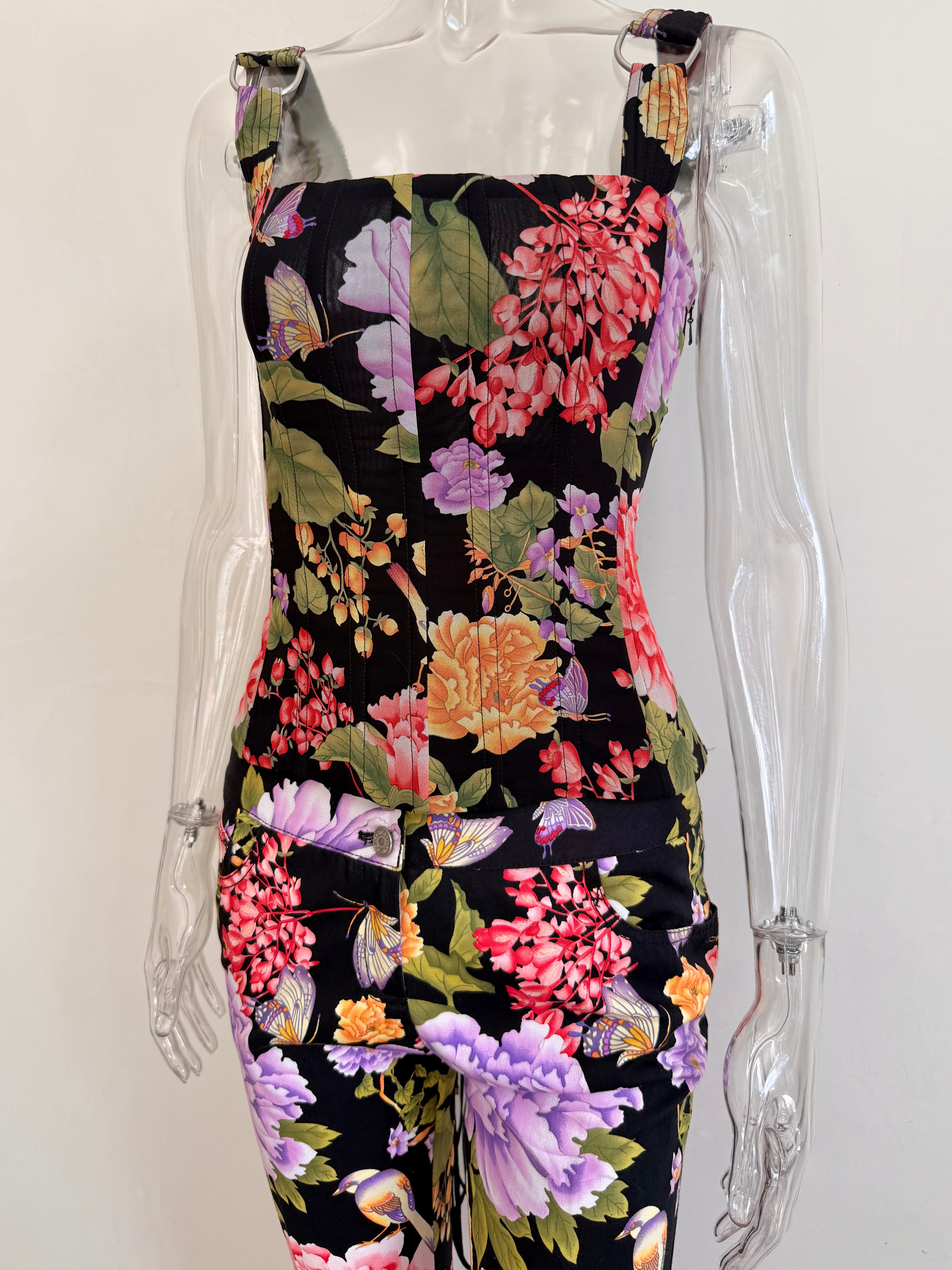 2000s Black Floral Print Lace Up Corset