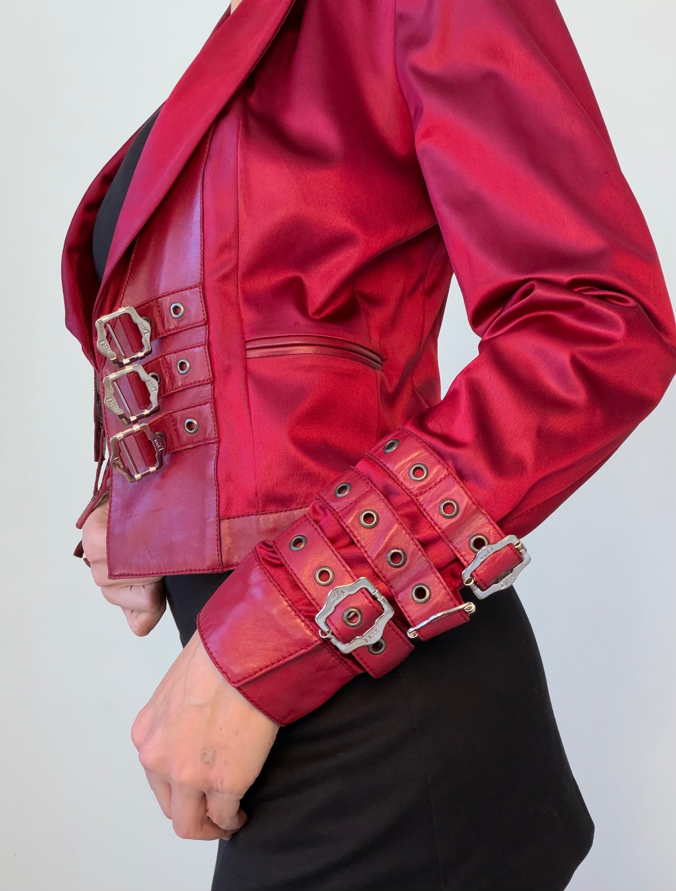 F/W 2003 Red Satin & Lamb Leather Buckle Jacket