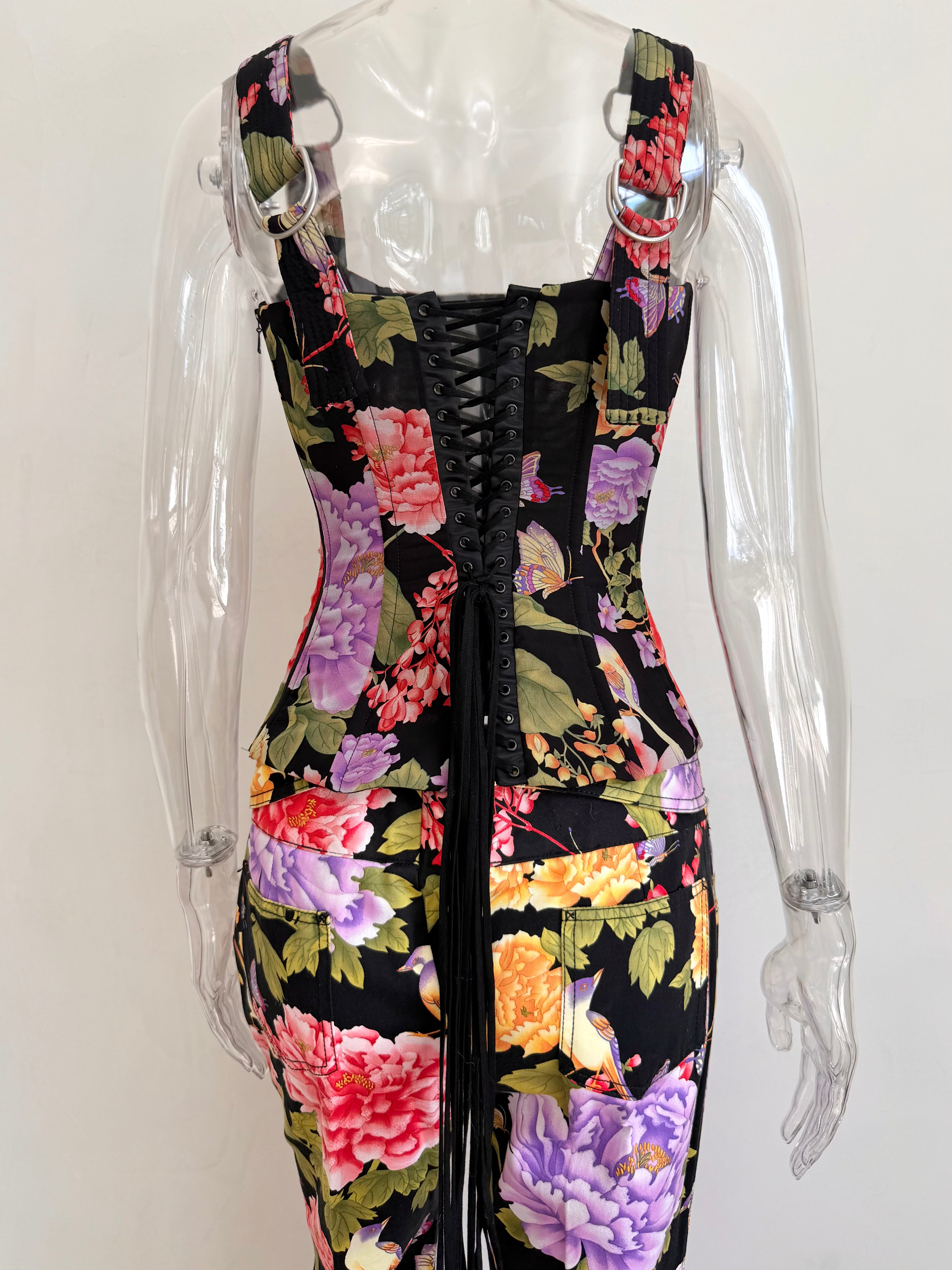 2000s Black Floral Print Lace Up Corset