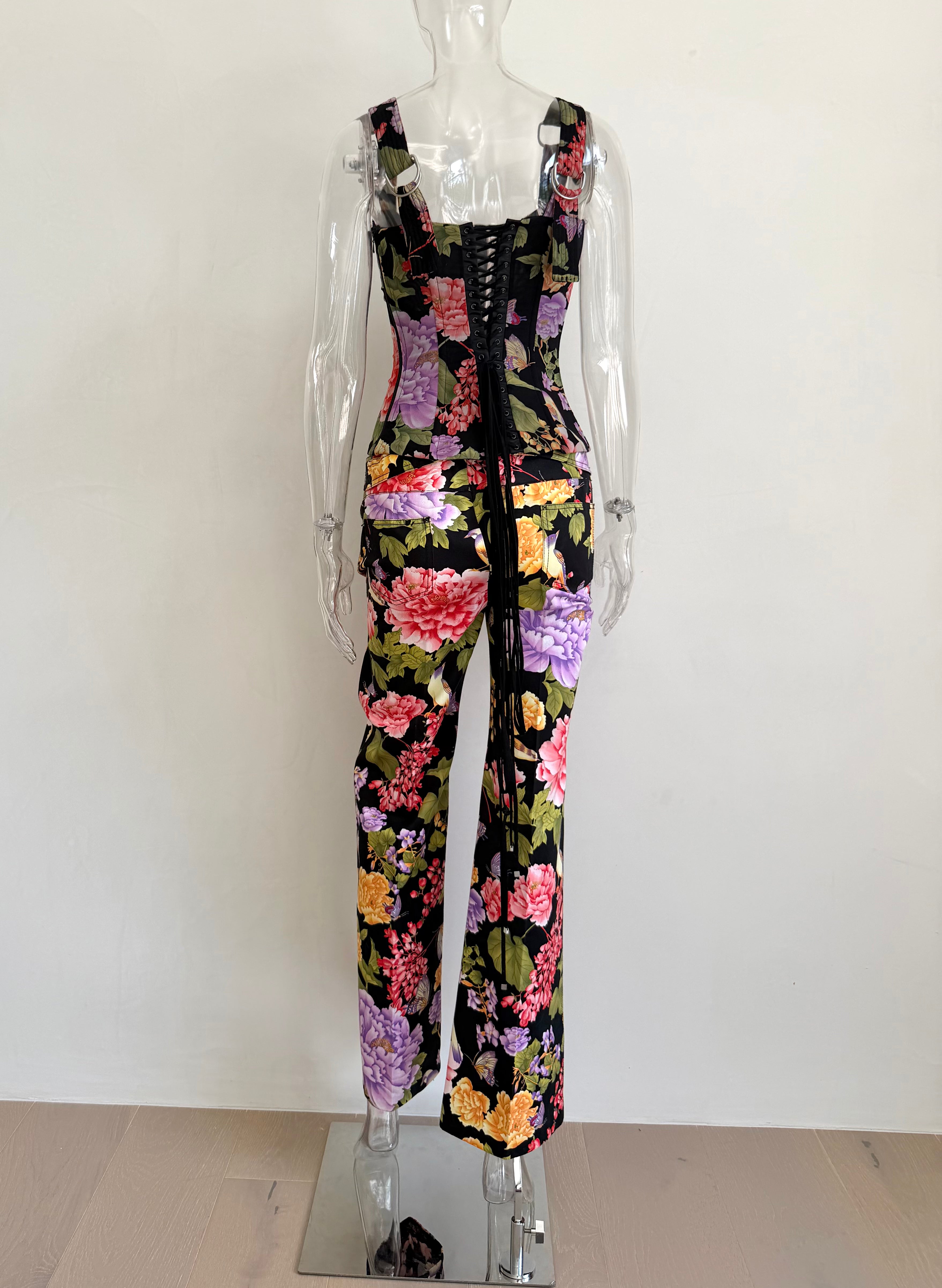 2000s Black Floral Print Logo Plate Pants