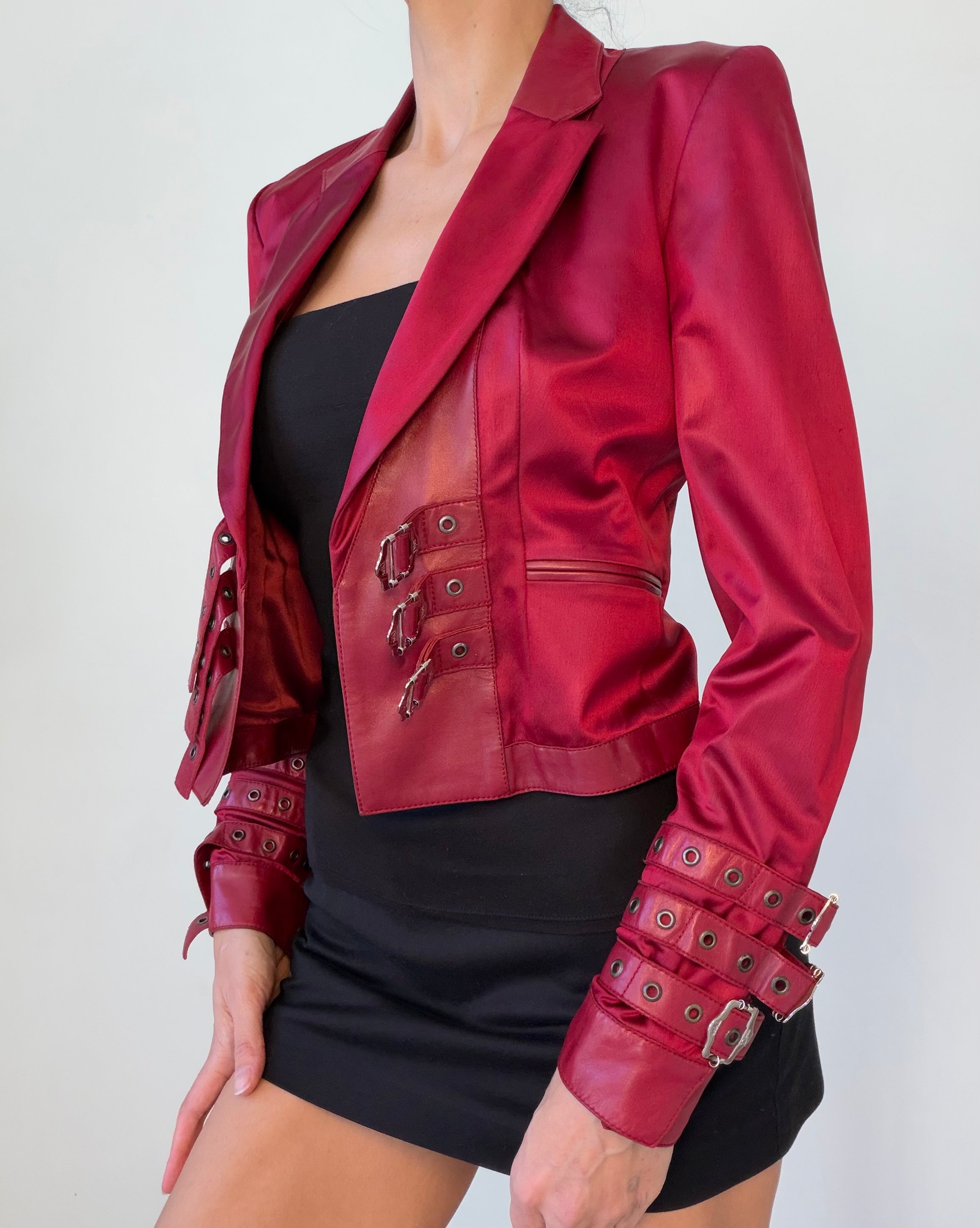 F/W 2003 Red Satin & Lamb Leather Buckle Jacket
