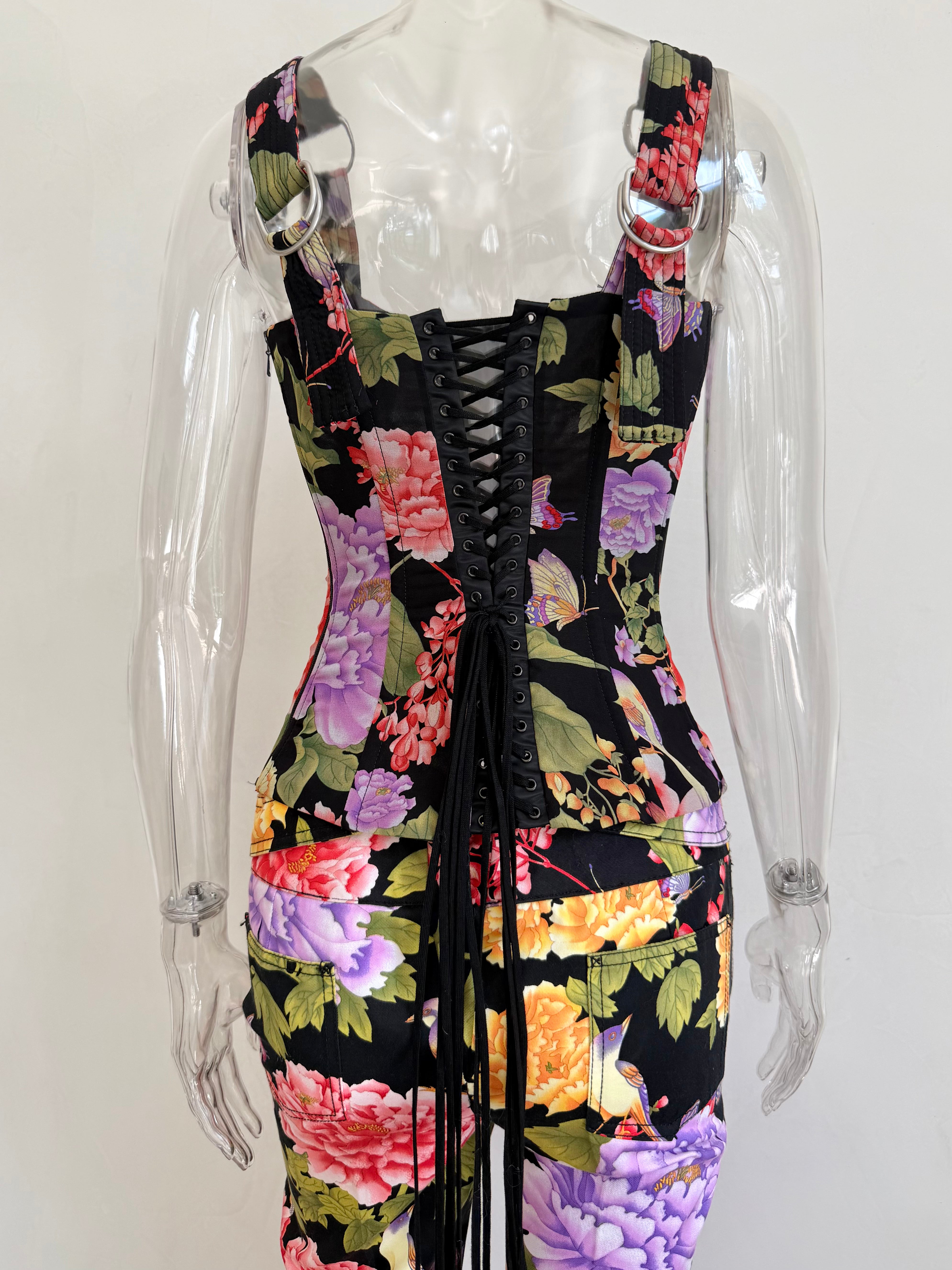 2000s Black Floral Print Lace Up Corset