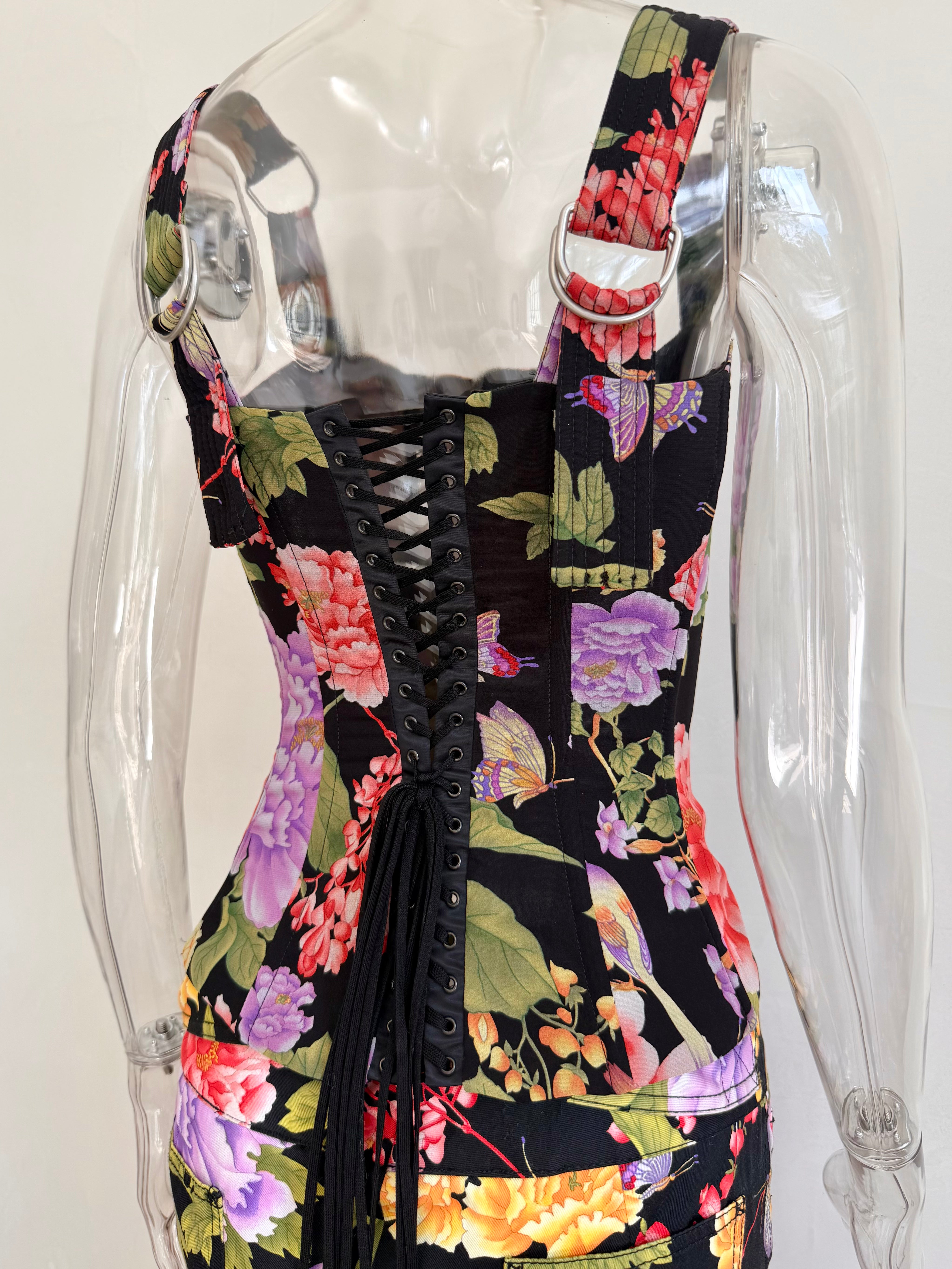 2000s Black Floral Print Lace Up Corset