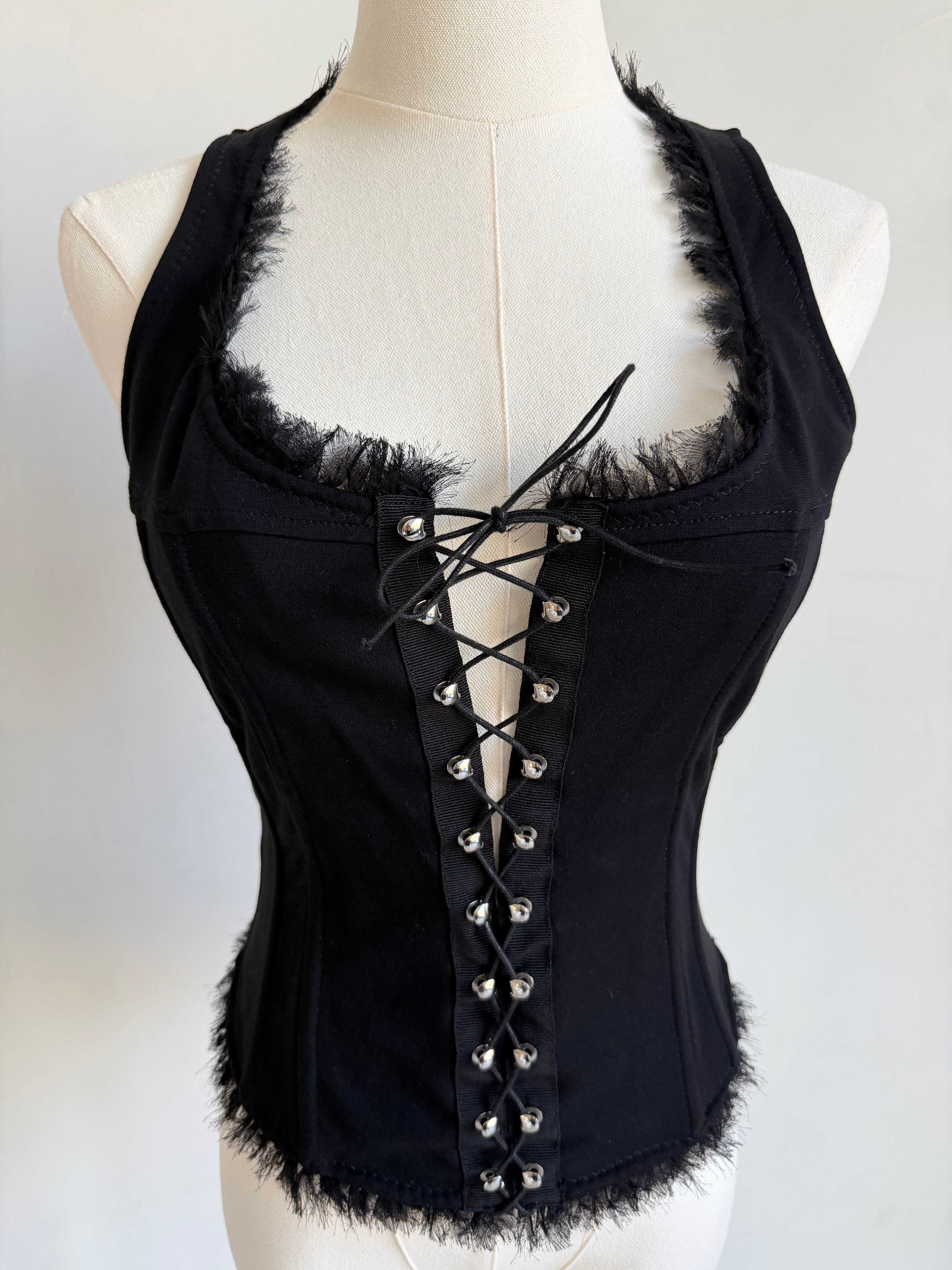 Lace-Up Corset Tank with Frayed Trim