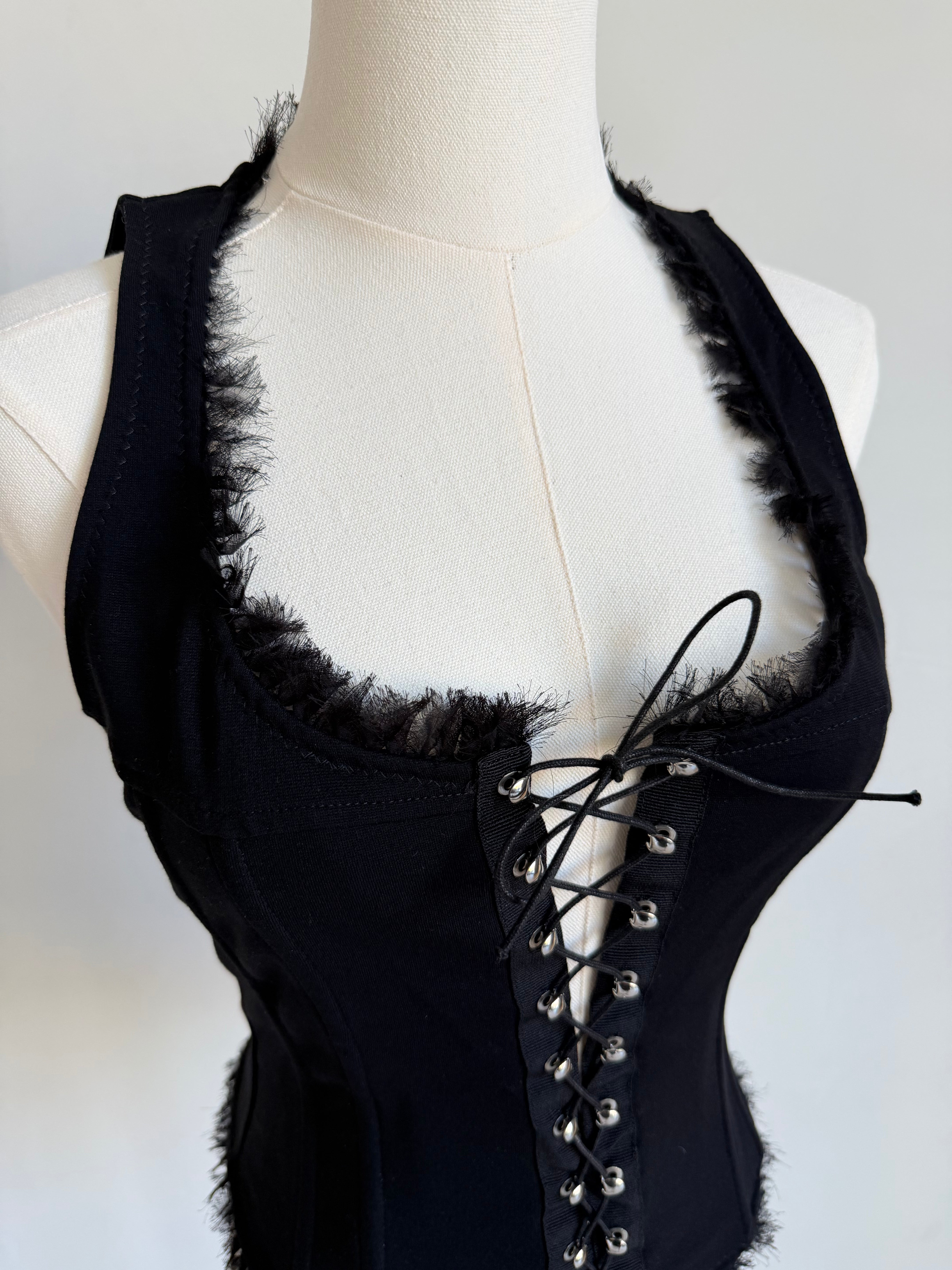 Lace-Up Corset Tank with Frayed Trim