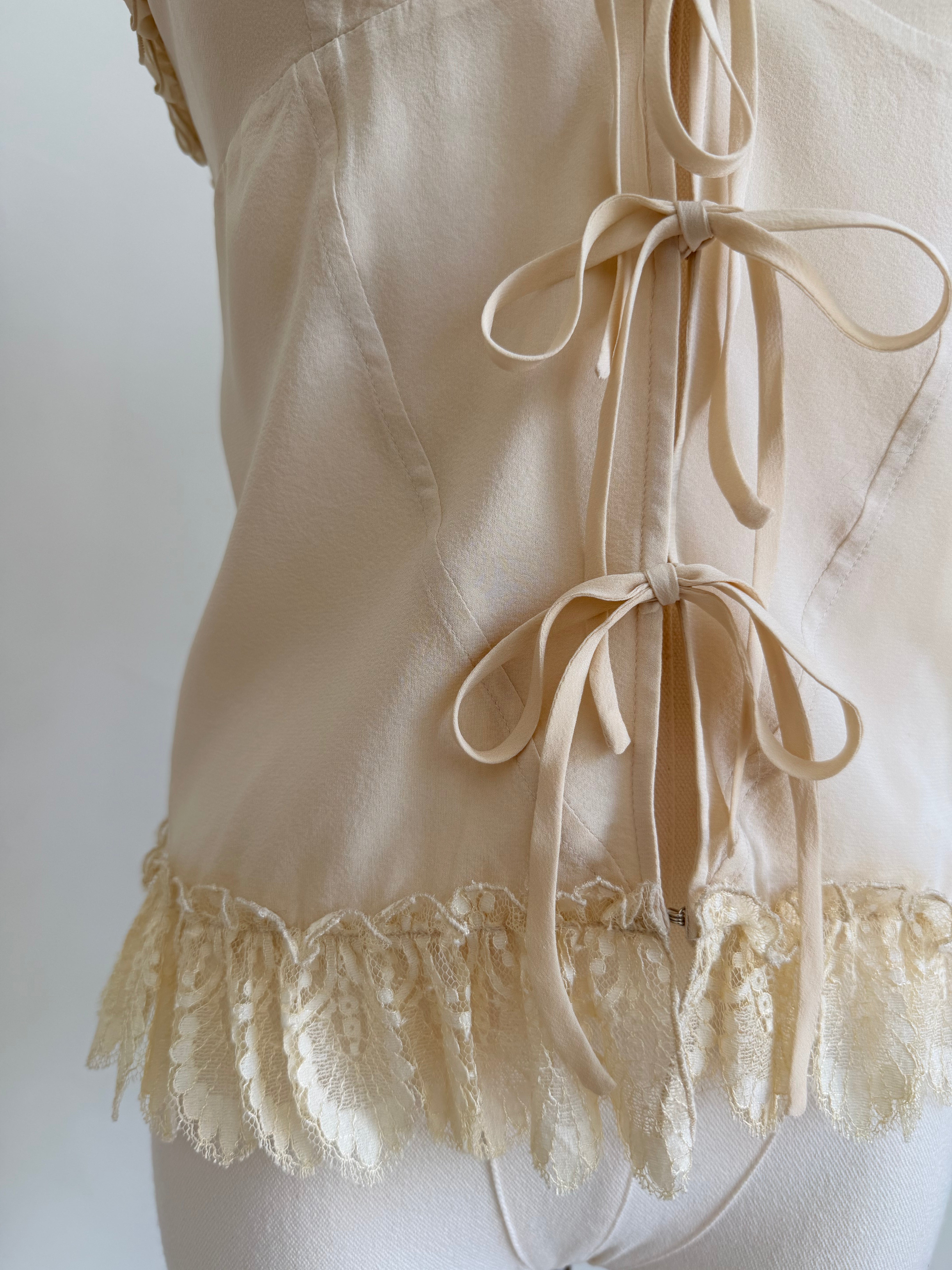 Ivory Ruffle & Lace-Up Camisole Top