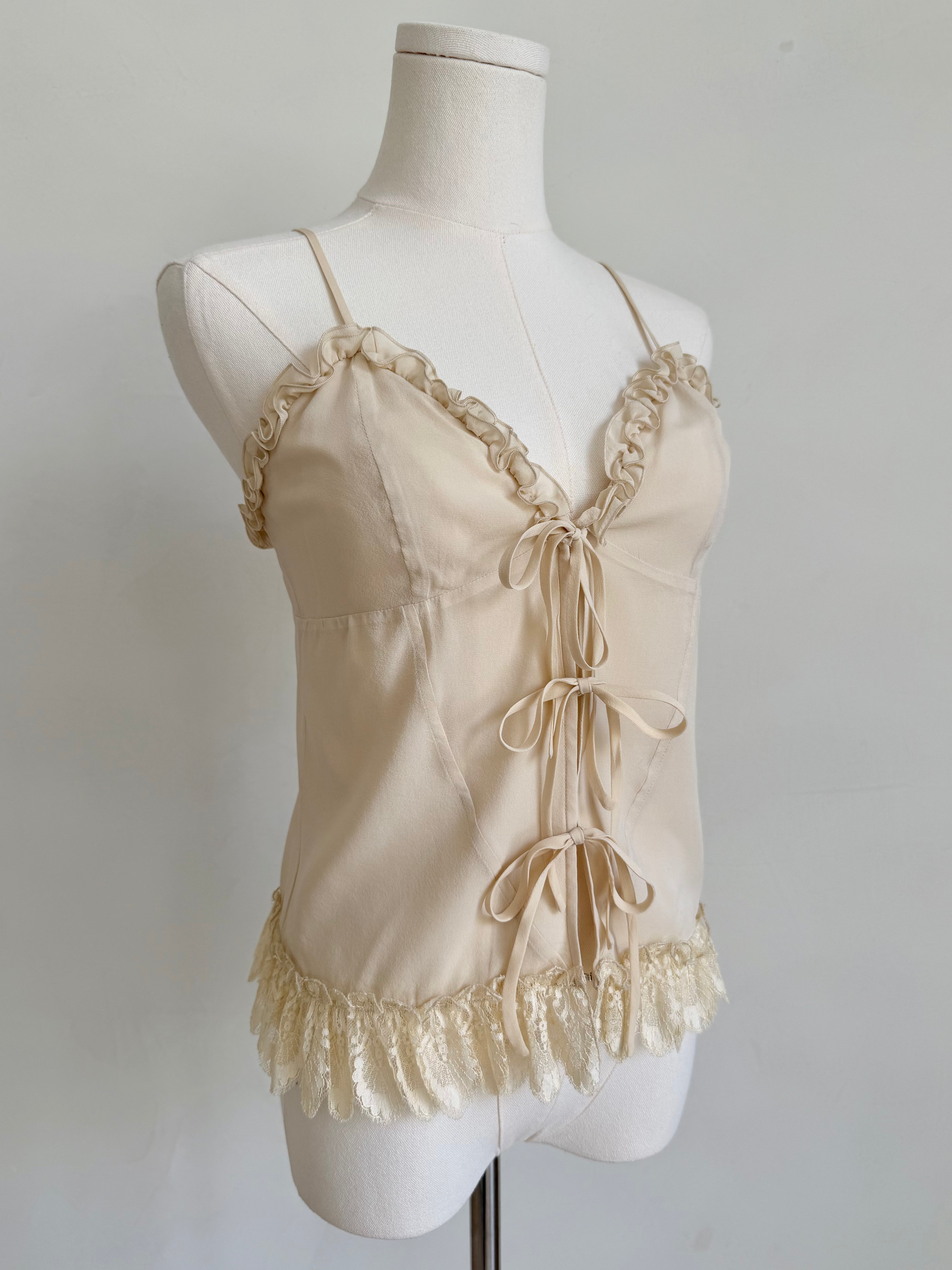 Ivory Ruffle & Lace-Up Camisole Top