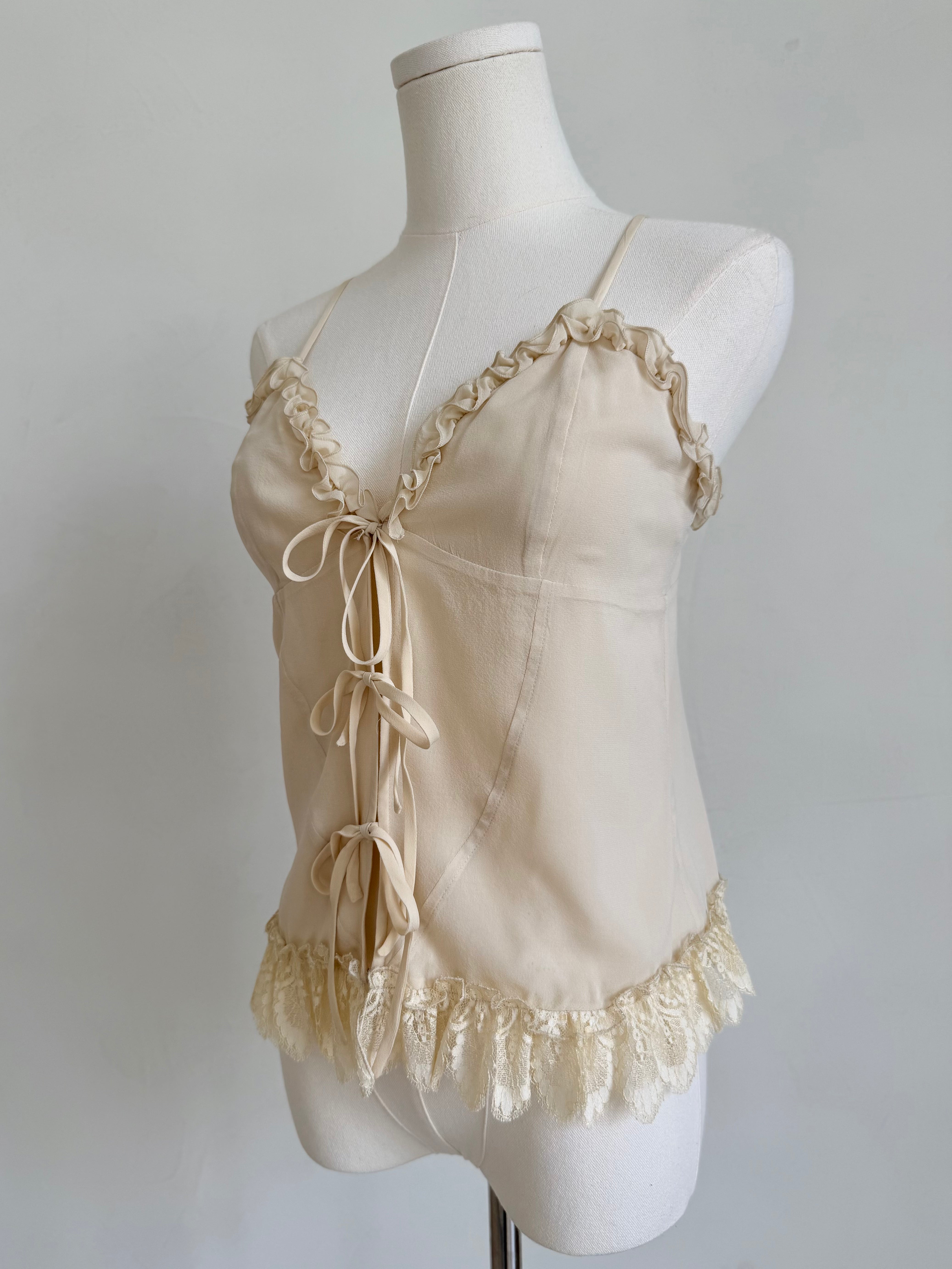 Ivory Ruffle & Lace-Up Camisole Top
