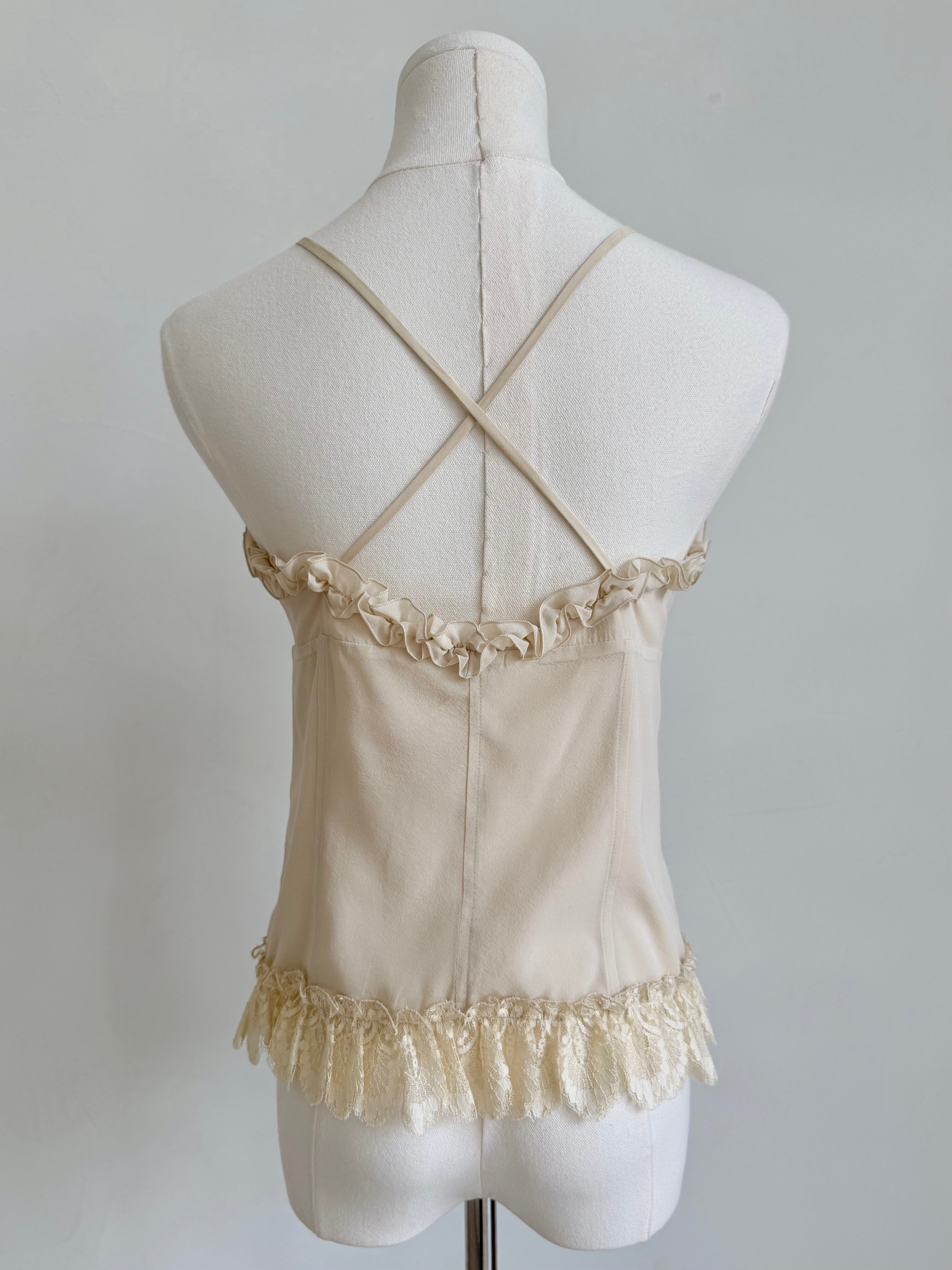 Ivory Ruffle & Lace-Up Camisole Top