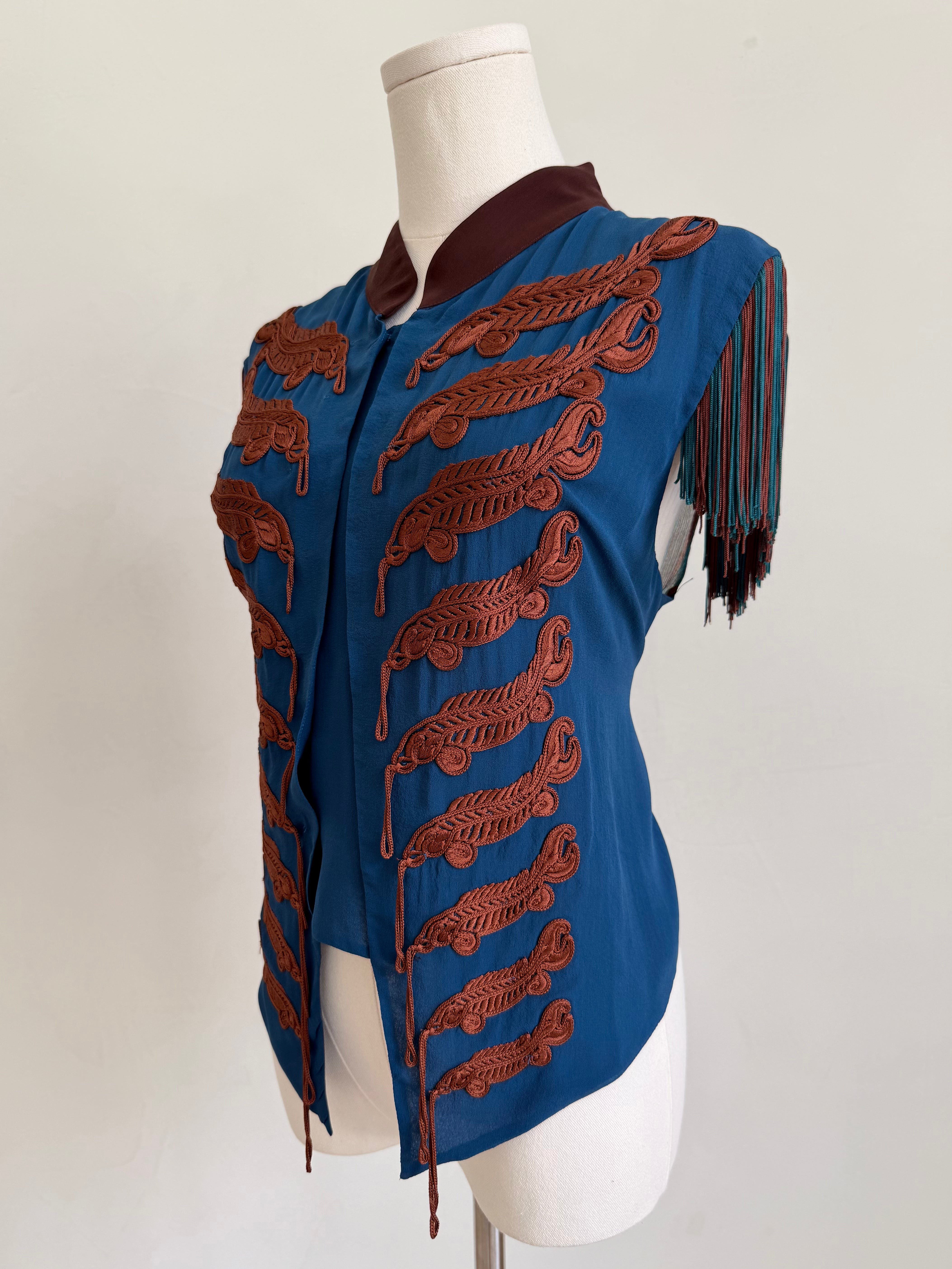 S/S 2008 Silk Military Fringe Embroidered Top