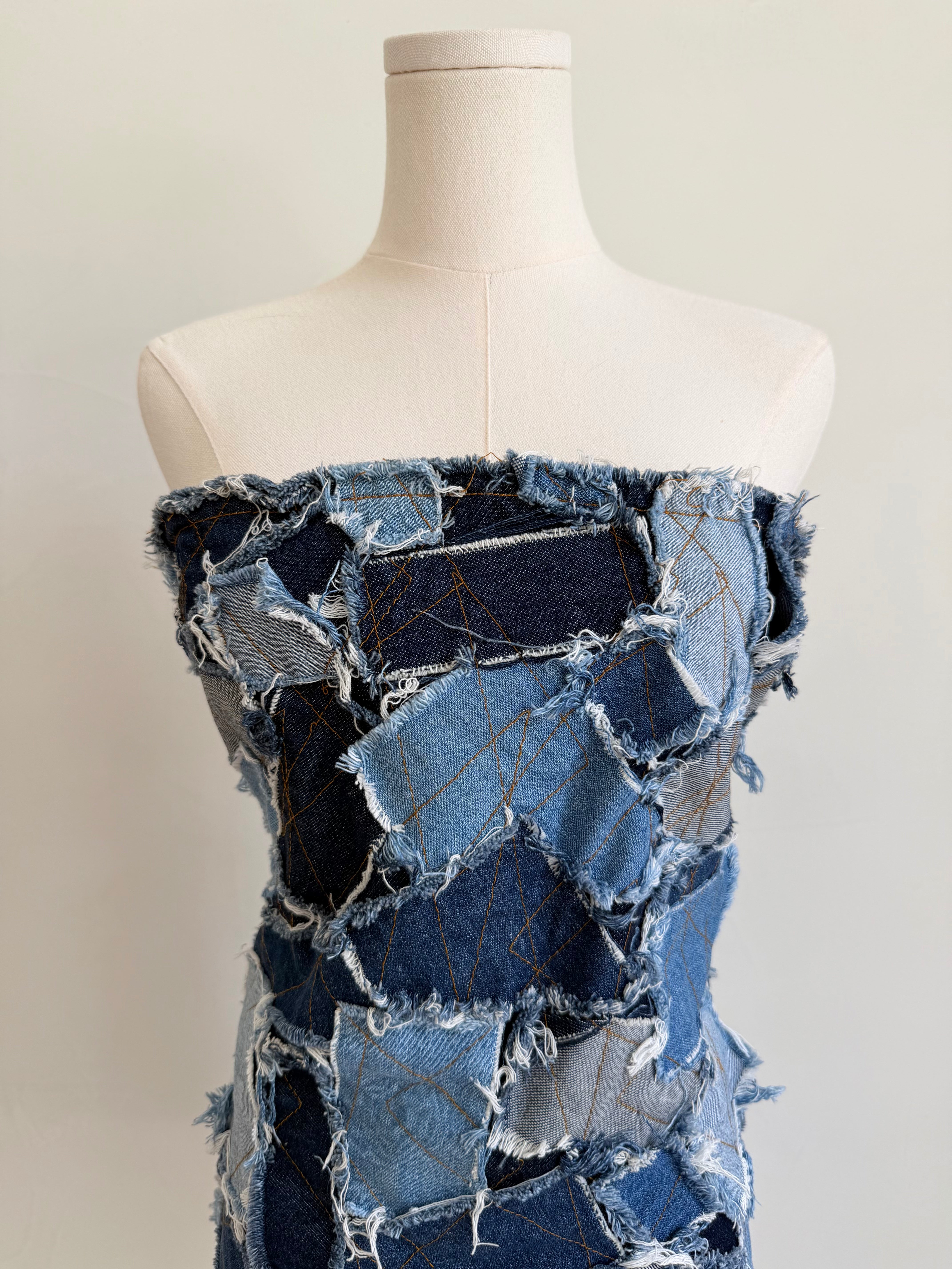F/W 2000 Blue Patchwork Denim Strapless Dress