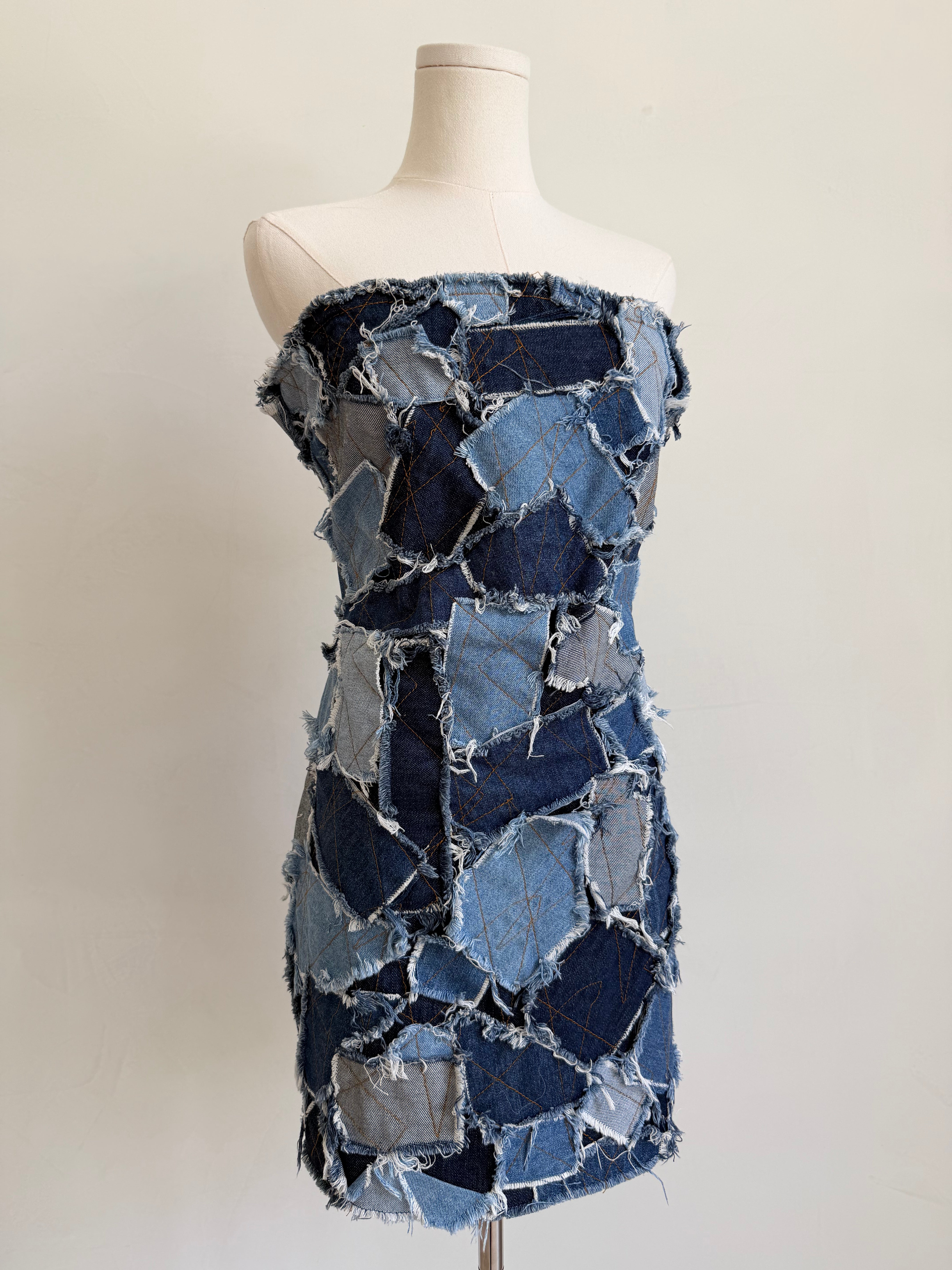 F/W 2000 Blue Patchwork Denim Strapless Dress