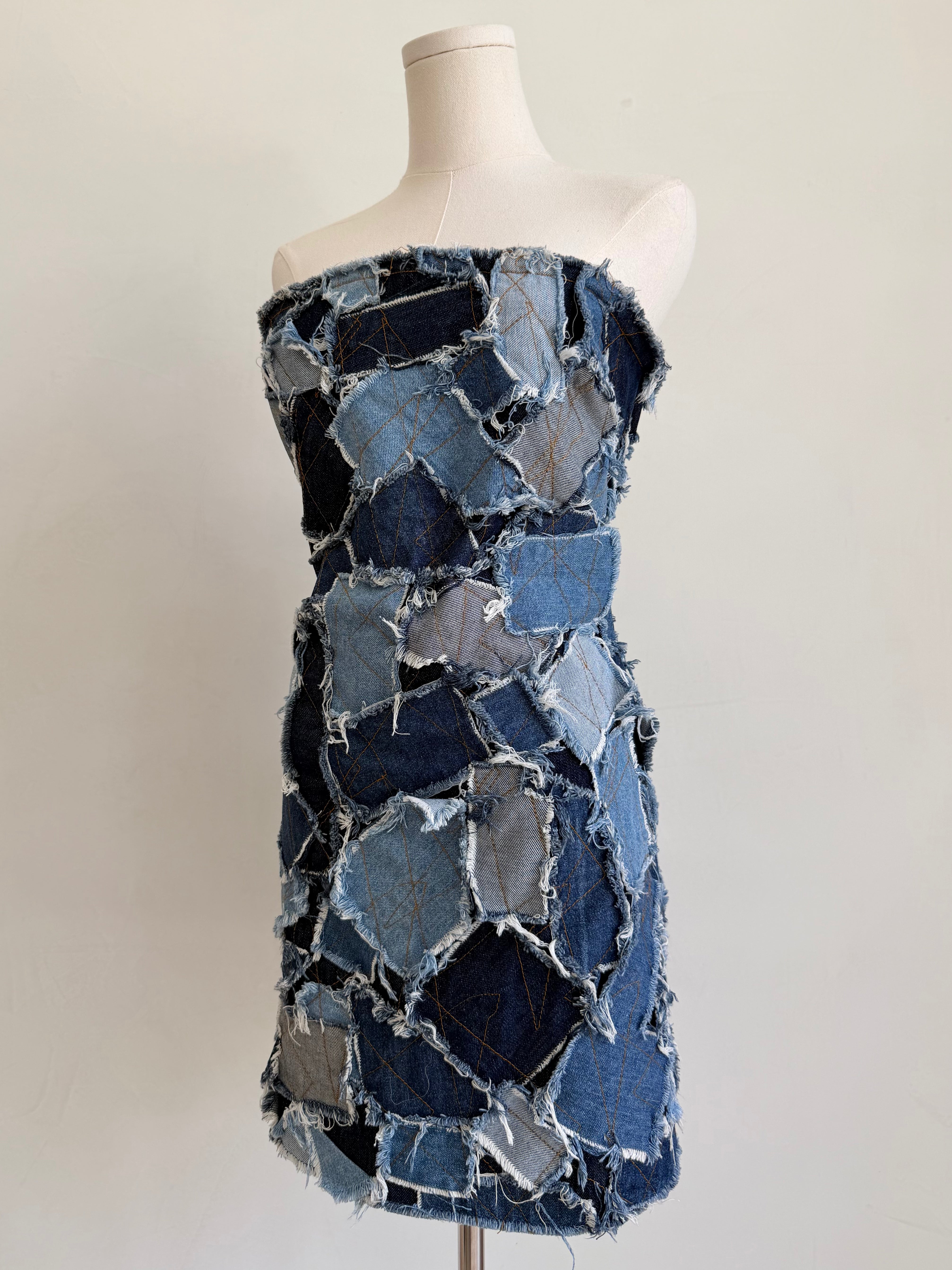 F/W 2000 Blue Patchwork Denim Strapless Dress