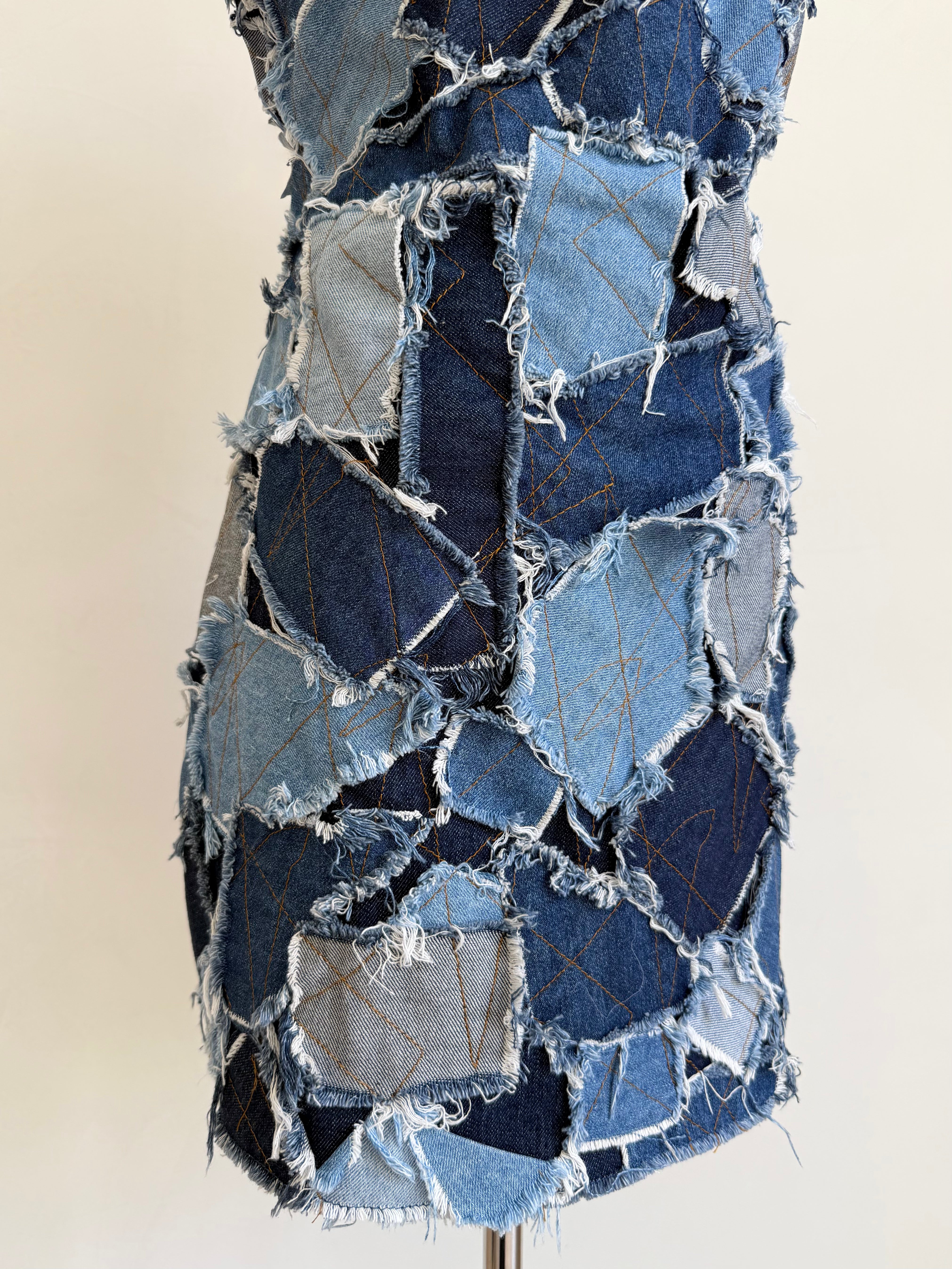 F/W 2000 Blue Patchwork Denim Strapless Dress