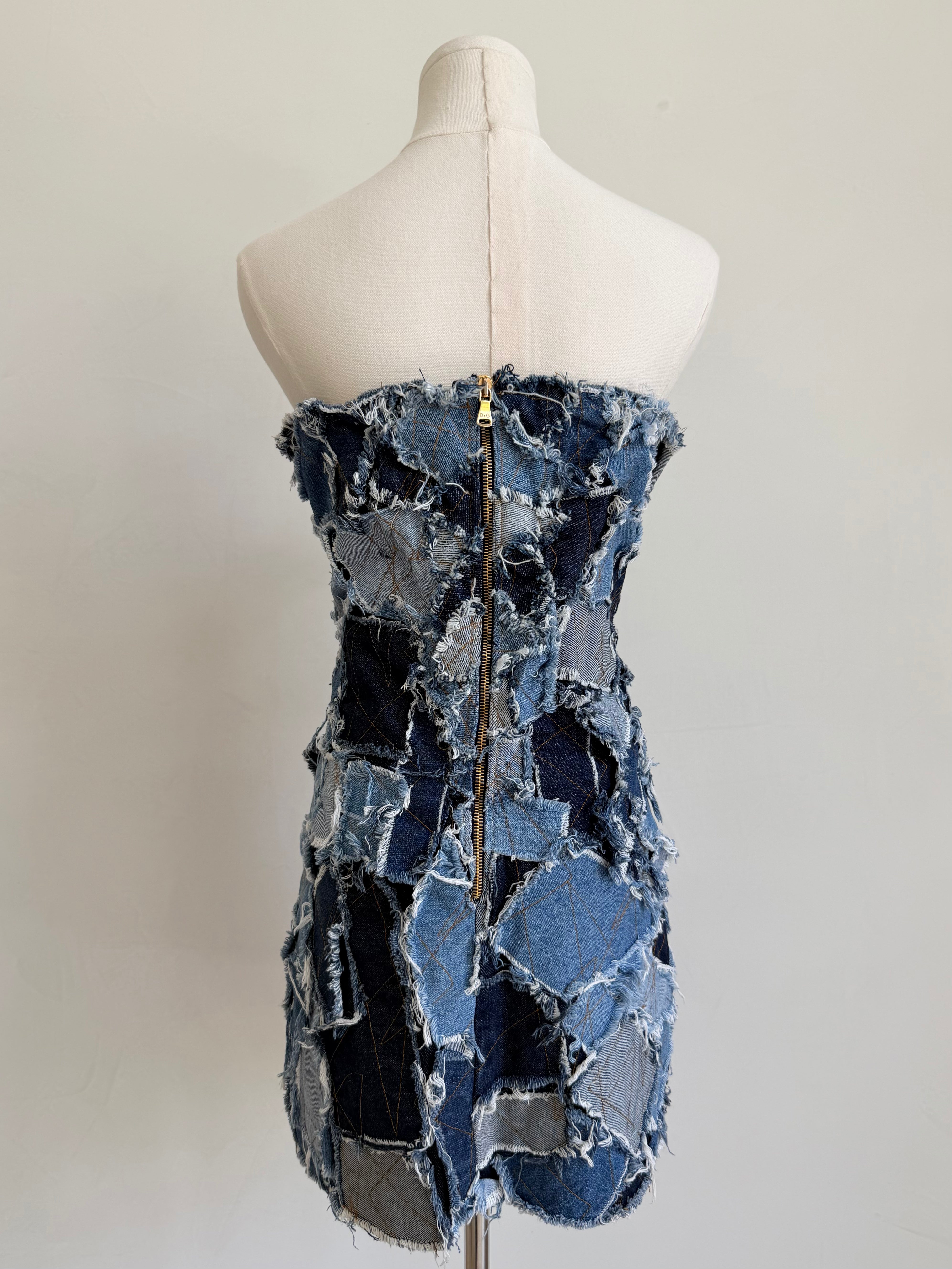 F/W 2000 Blue Patchwork Denim Strapless Dress
