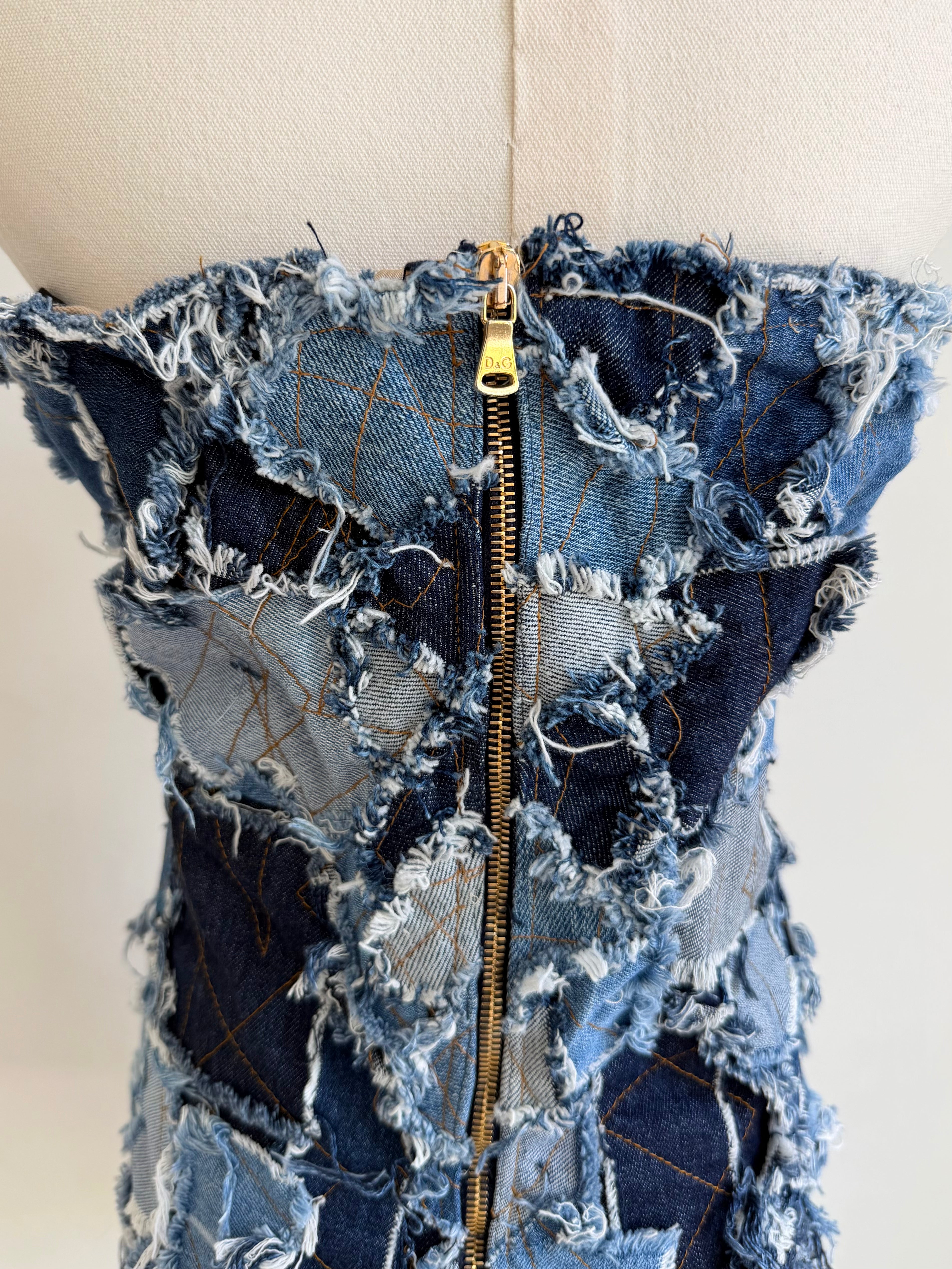 F/W 2000 Blue Patchwork Denim Strapless Dress
