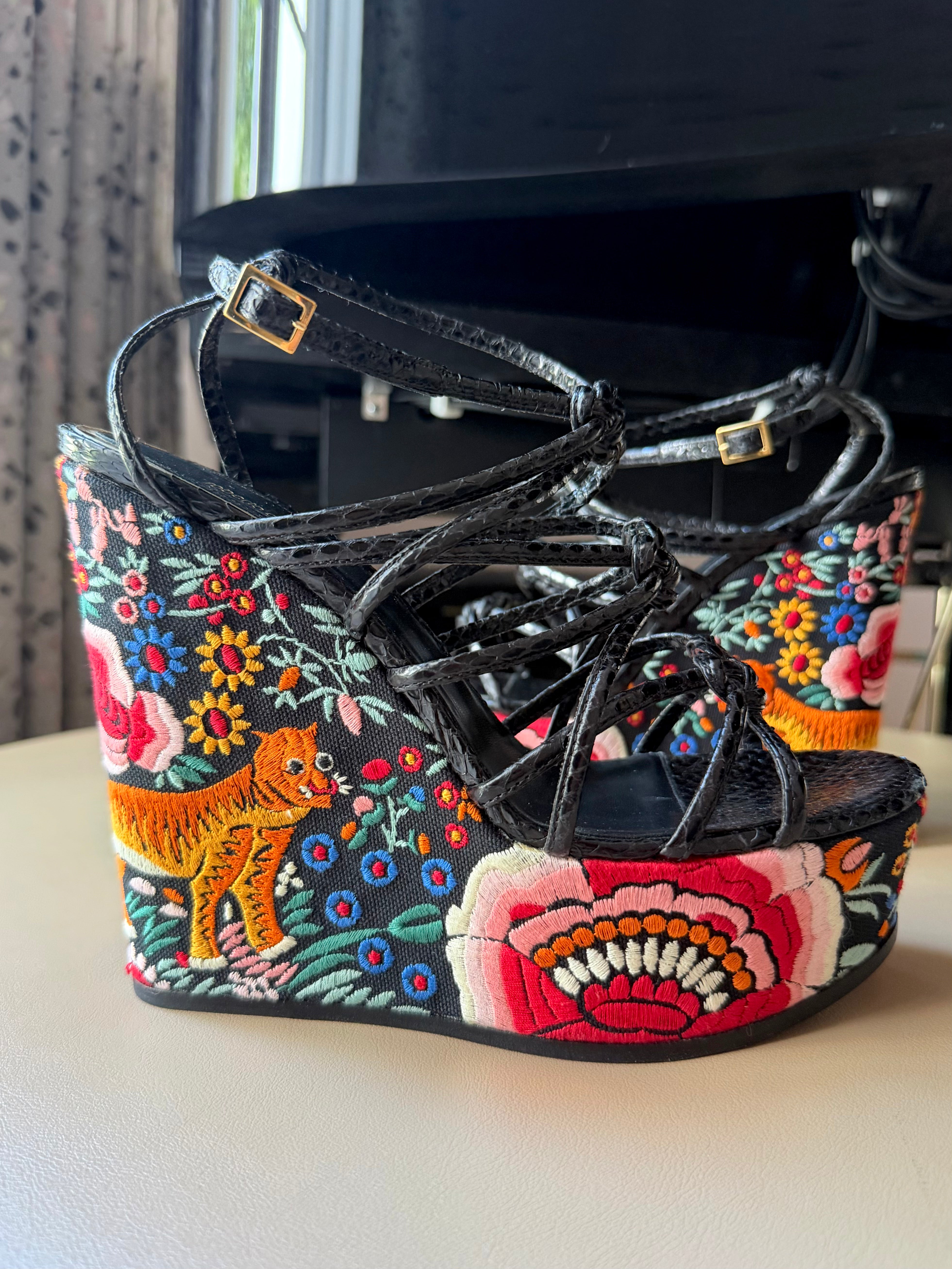 Black Strappy Embroidered Wedge Heel