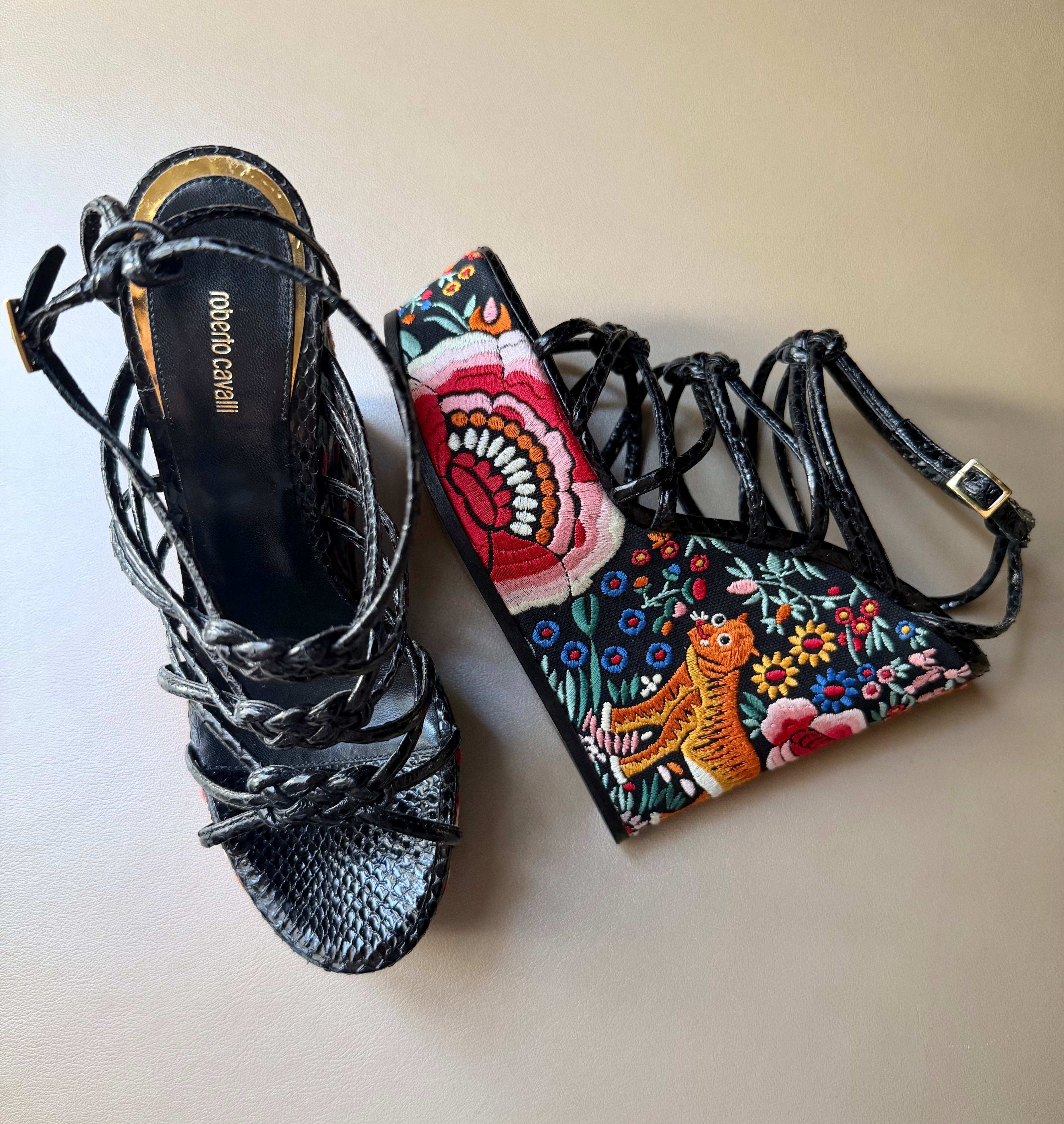 Black Strappy Embroidered Wedge Heel