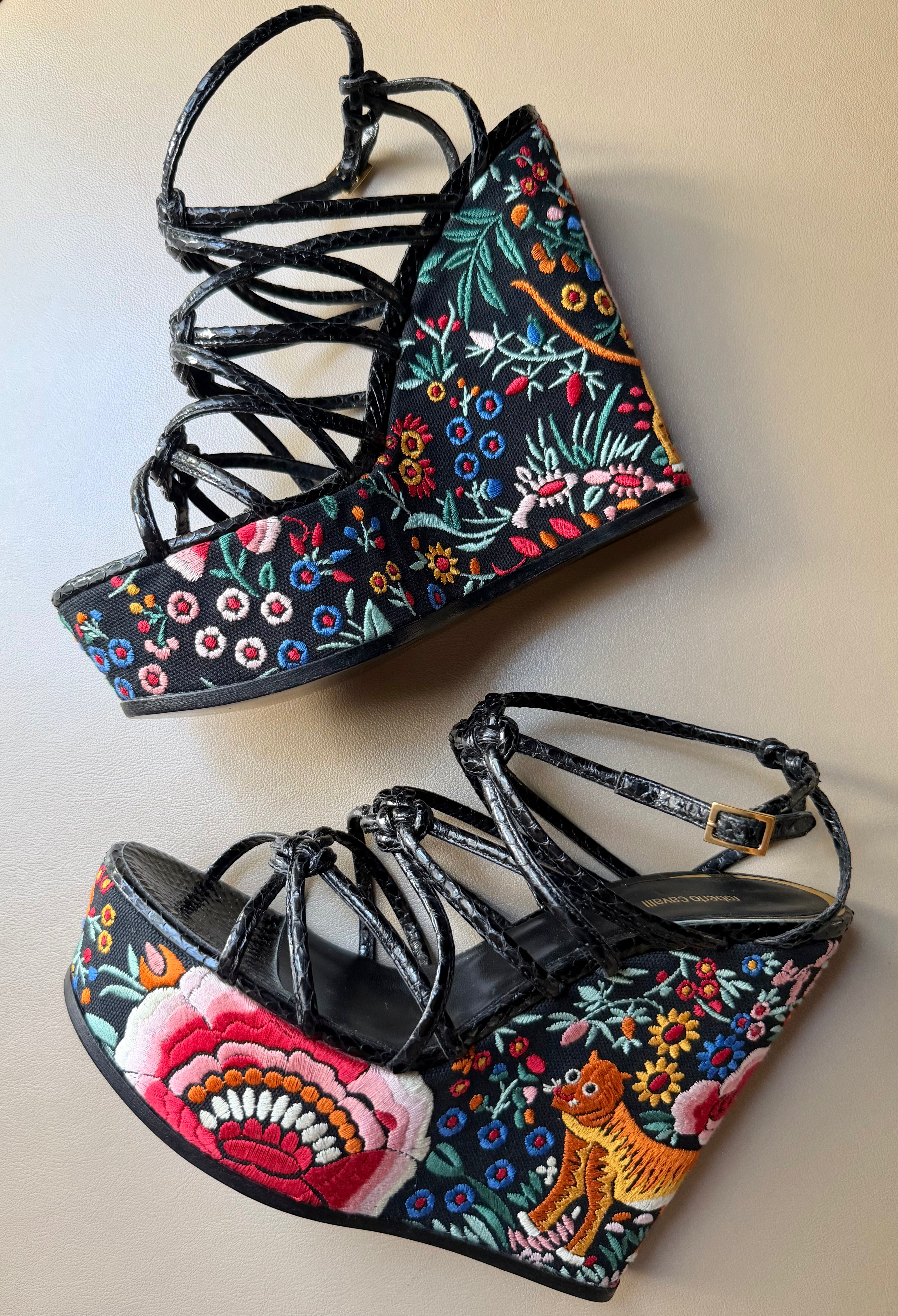 Black Strappy Embroidered Wedge Heel
