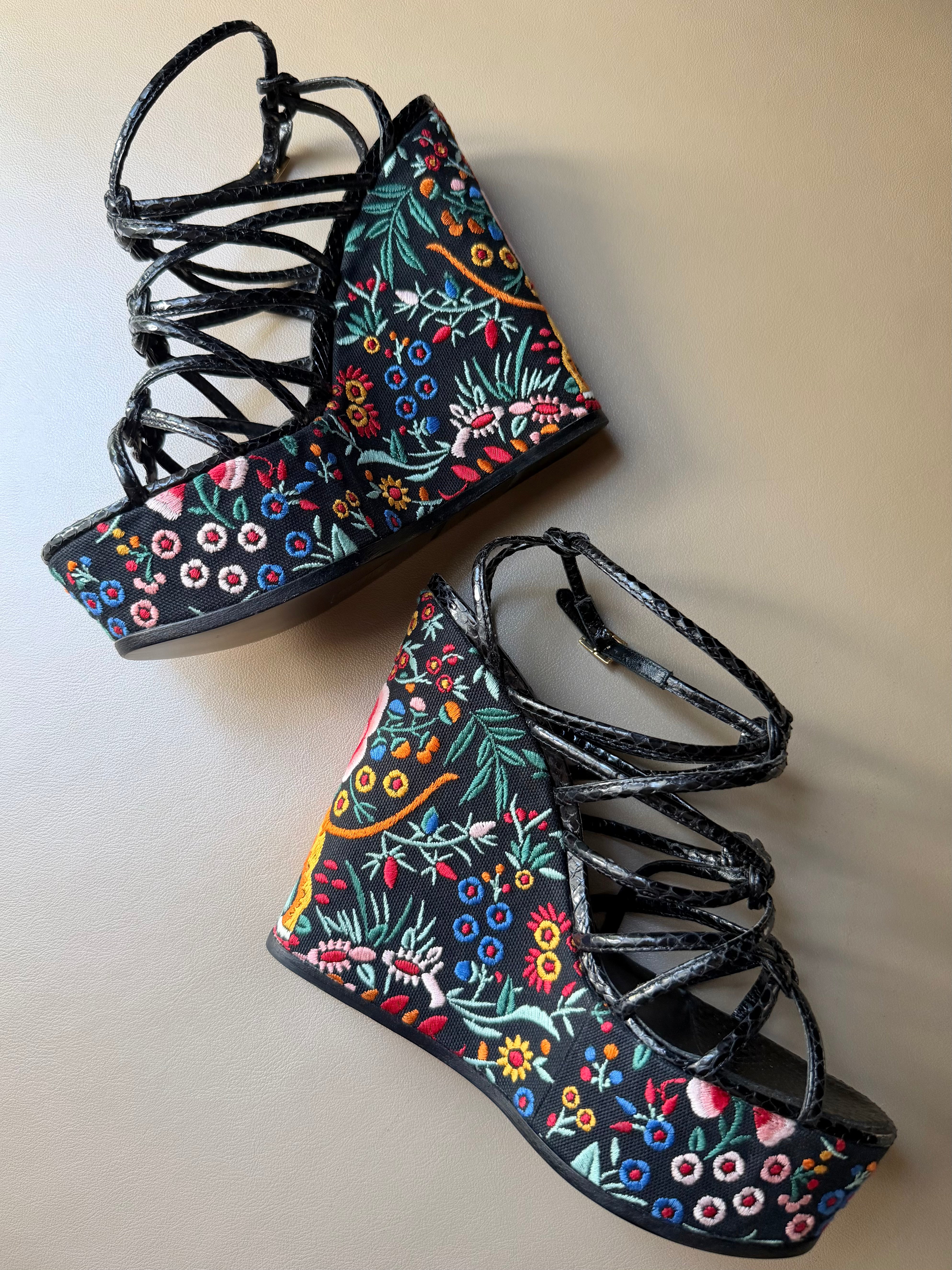 Black Strappy Embroidered Wedge Heel