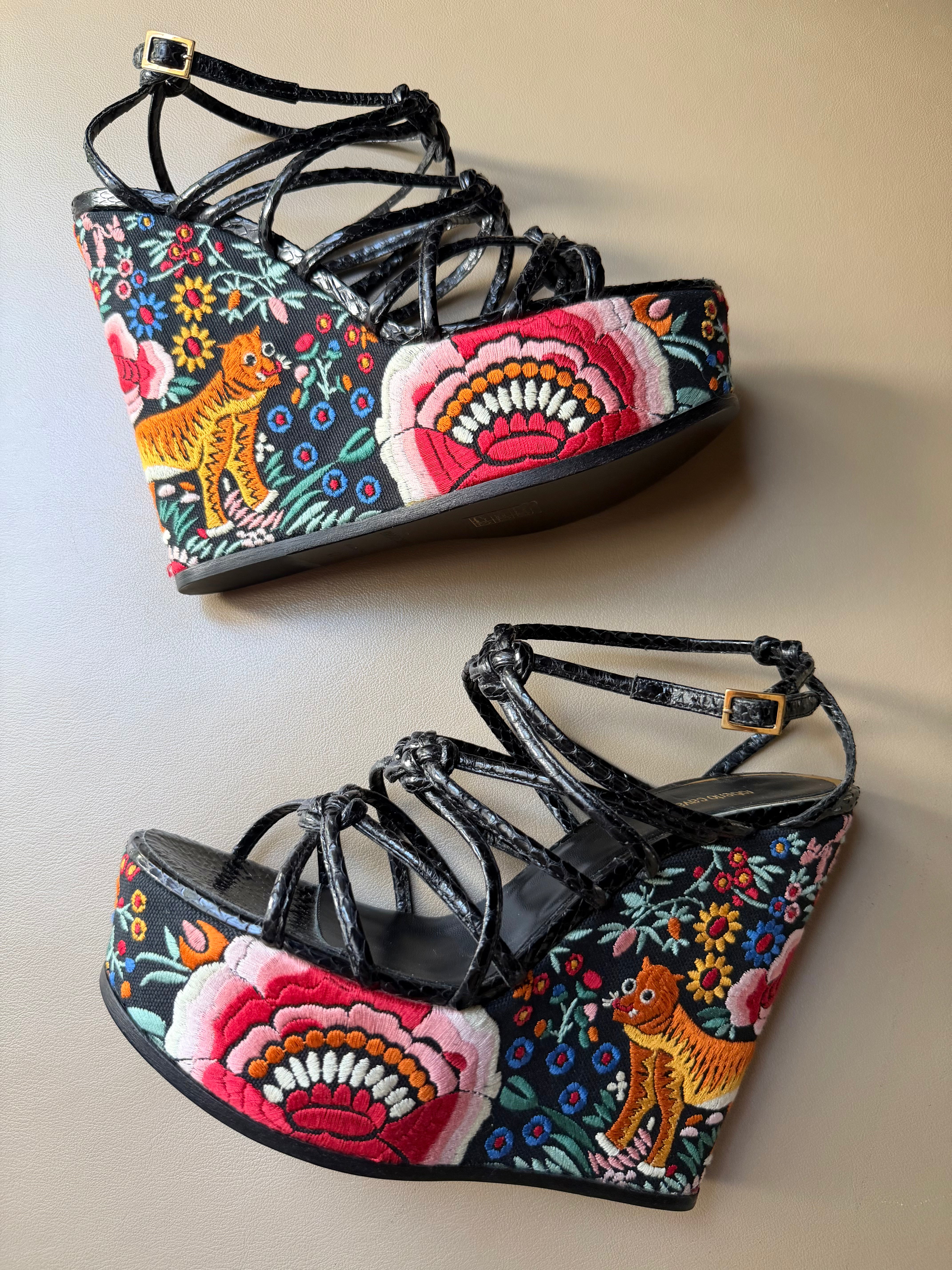 Black Strappy Embroidered Wedge Heel