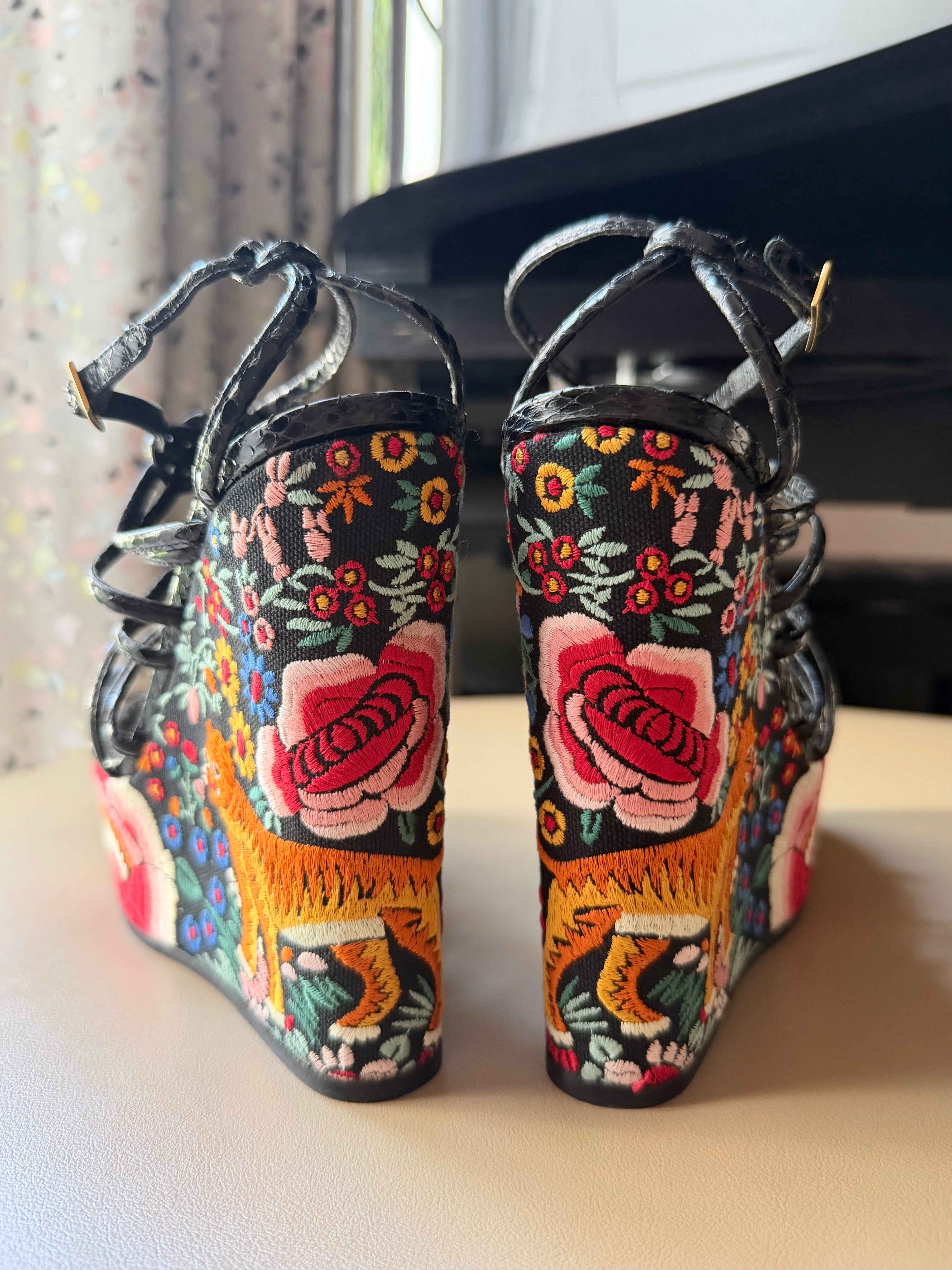Black Strappy Embroidered Wedge Heel