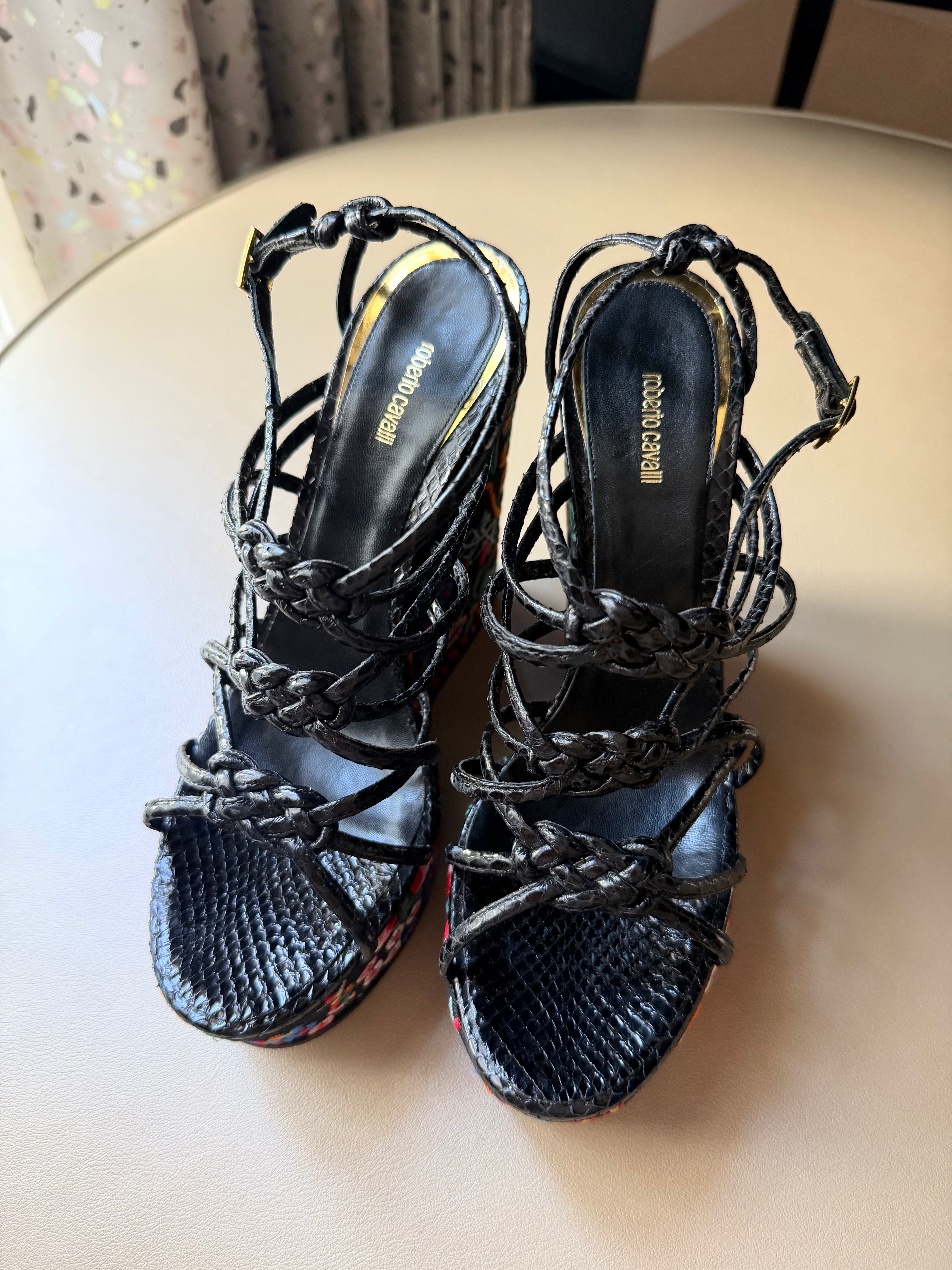 Black Strappy Embroidered Wedge Heel