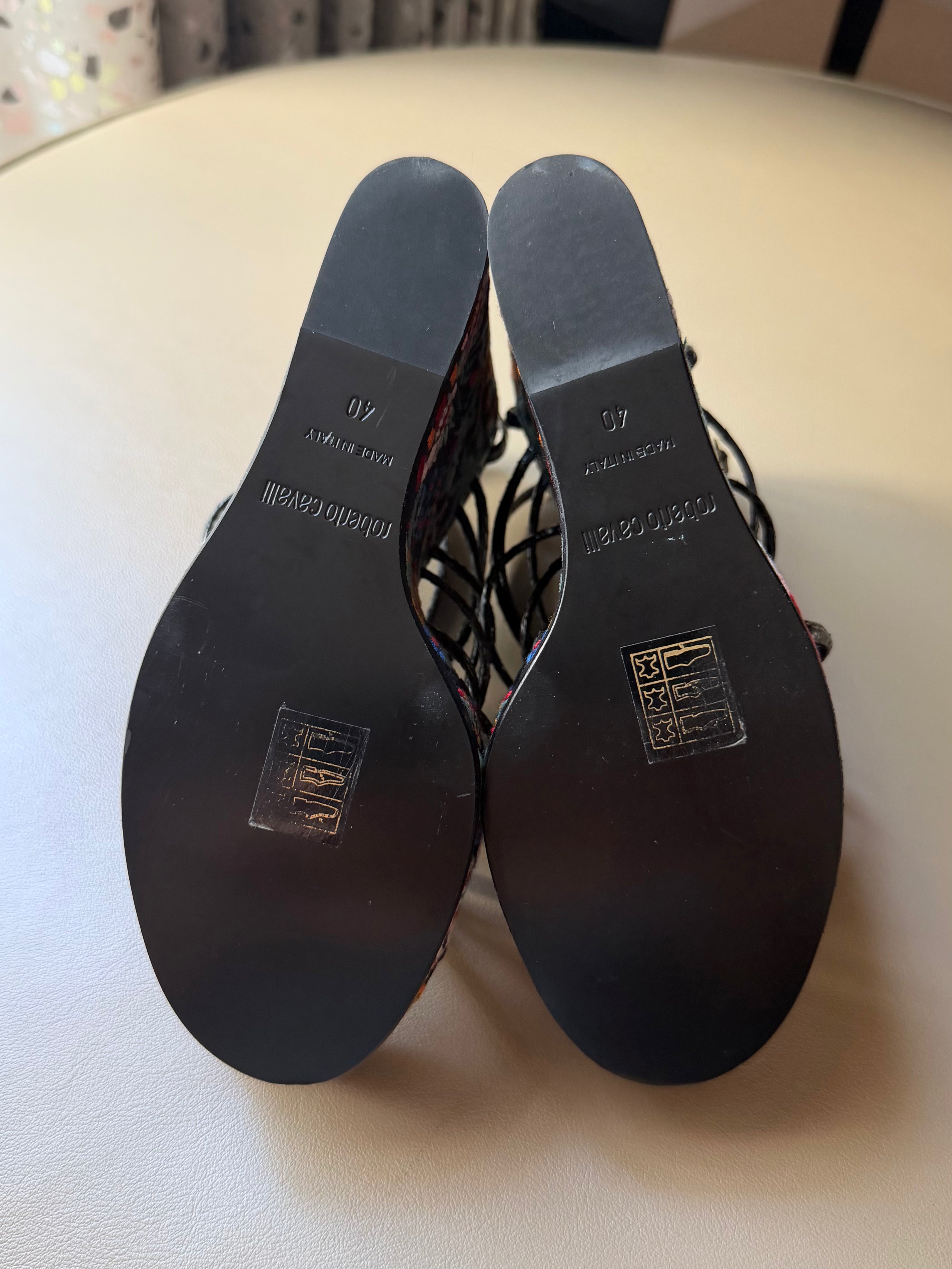 Black Strappy Embroidered Wedge Heel