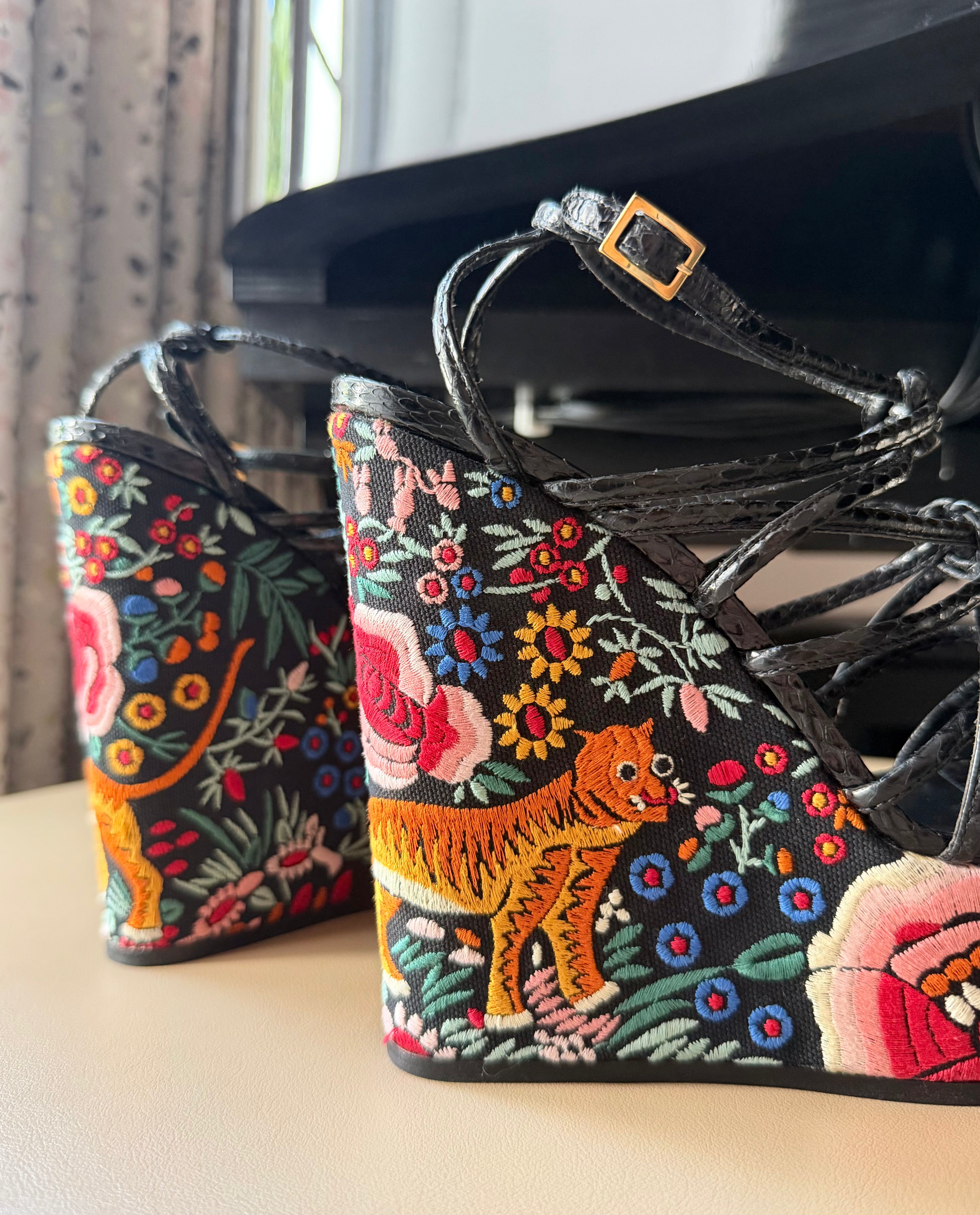 Black Strappy Embroidered Wedge Heel